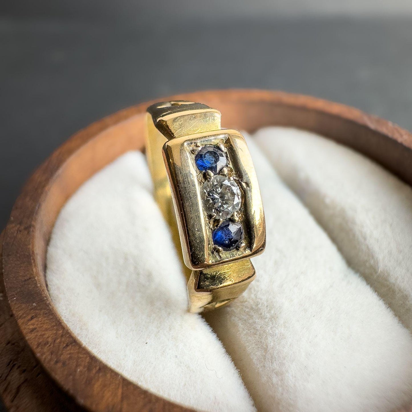 15ct Antique Solid Gold Sapphire and Diamond Gypsy Ring | Bold Mens or Unisex Jewelry | UK N 1/2 - US 7 | Victorian Ring | Resizable |