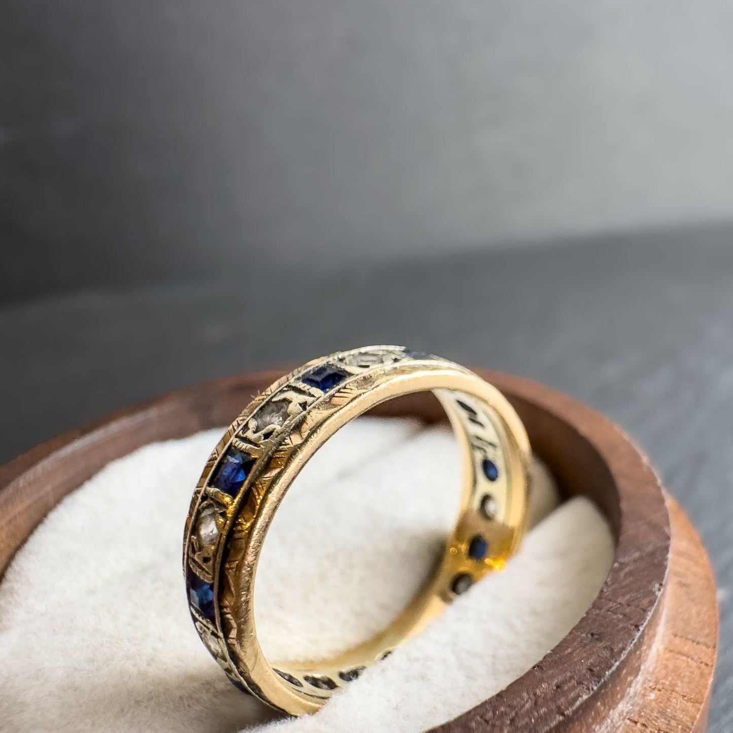 9ct Vintage Solid Gold Sapphire and White Spinel Band Ring | Elegant Gemstone Eternity Ring | UK N - US 7 | Intricate Eternity Band |