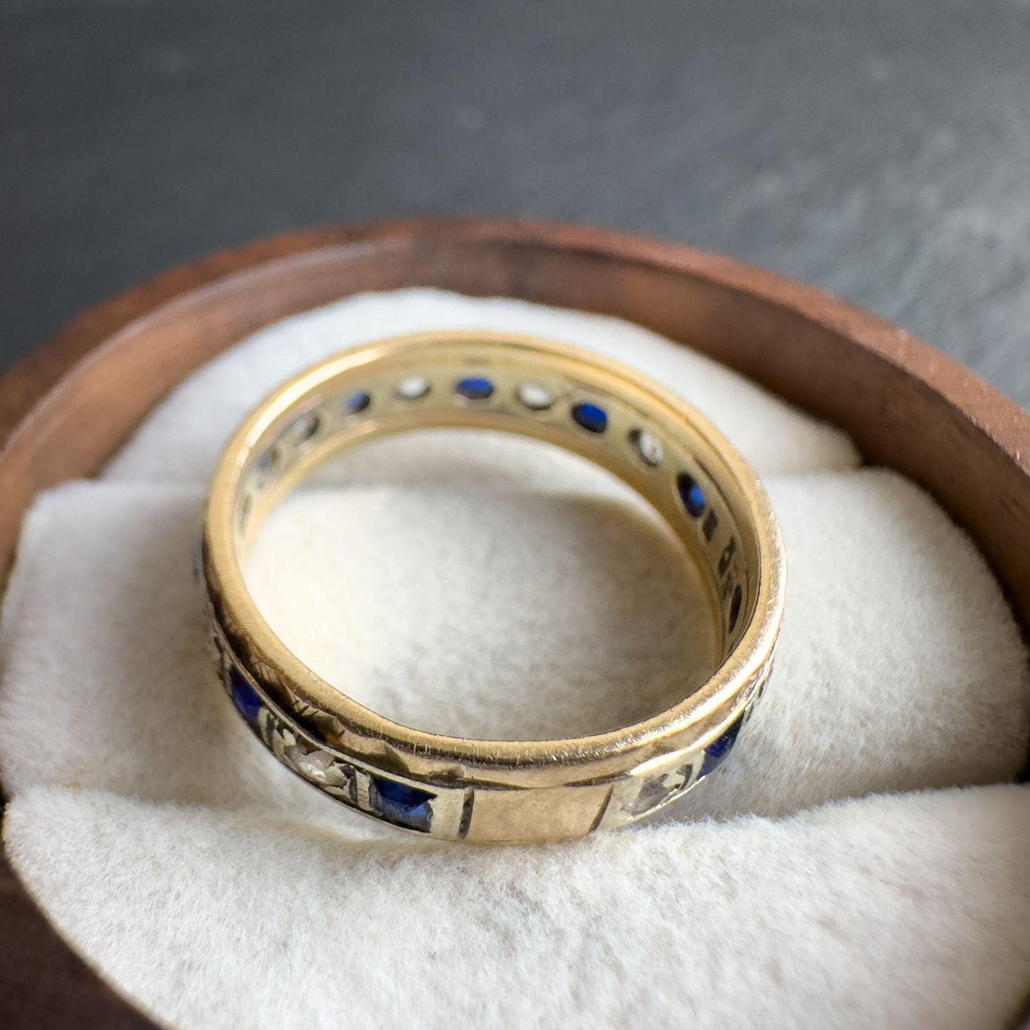 9ct Vintage Solid Gold Sapphire and White Spinel Band Ring | Elegant Gemstone Eternity Ring | UK N - US 7 | Intricate Eternity Band |