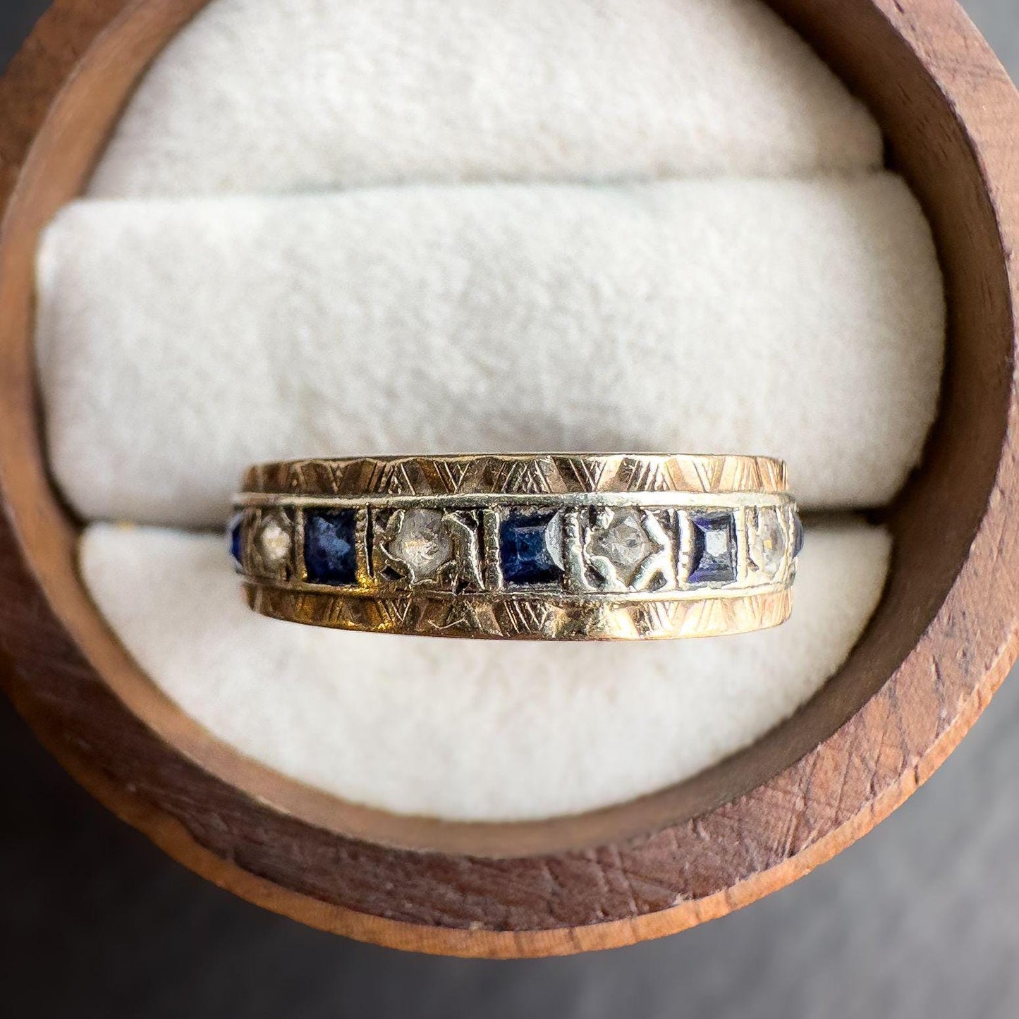 9ct Vintage Solid Gold Sapphire and White Spinel Band Ring | Elegant Gemstone Eternity Ring | UK N - US 7 | Intricate Eternity Band |