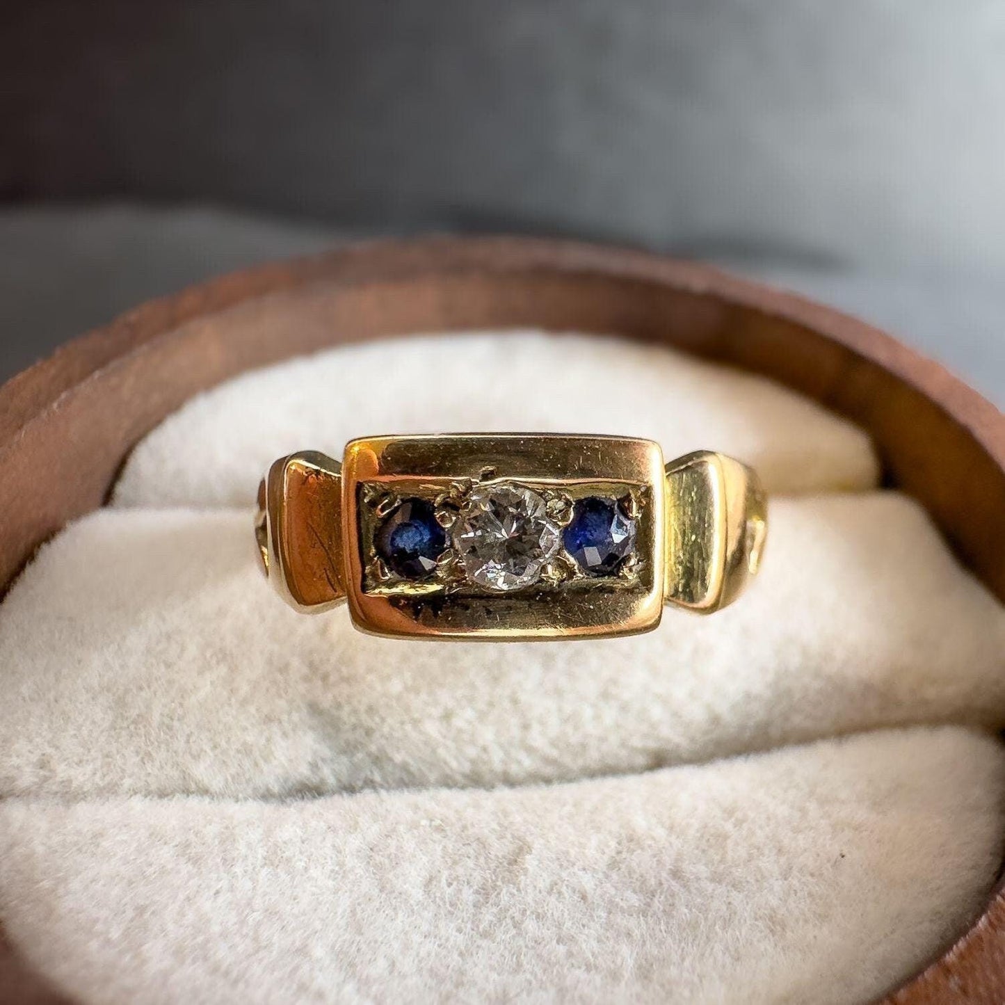 15ct Antique Solid Gold Sapphire and Diamond Gypsy Ring | Bold Mens or Unisex Jewelry | UK N 1/2 - US 7 | Victorian Ring | Resizable |