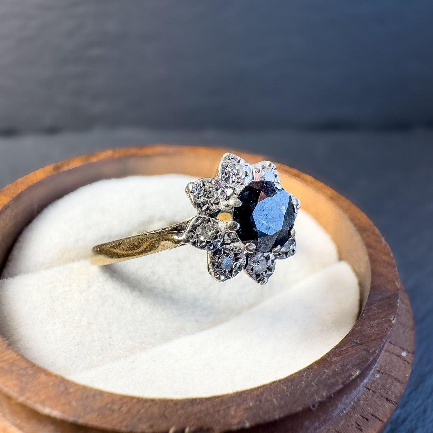 Vintage 9ct Gold Sapphire and Diamond Ring | Birmingham 1975's Hallmark | Floral Cluster Design | UK N 1/2 | Resizable |