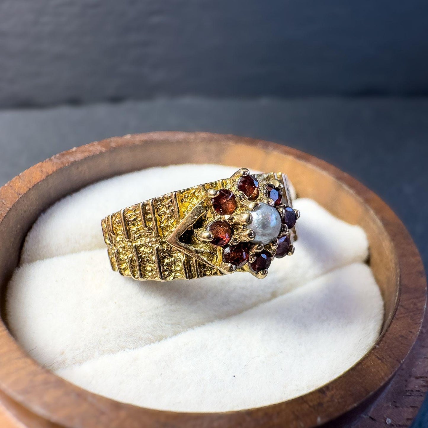 Vintage 1950s 9ct Gold Garnet and Pearl Statement Ring | London Hallmarked | Statement Jewelry | Mid-Century Design | UK M | Resizable |