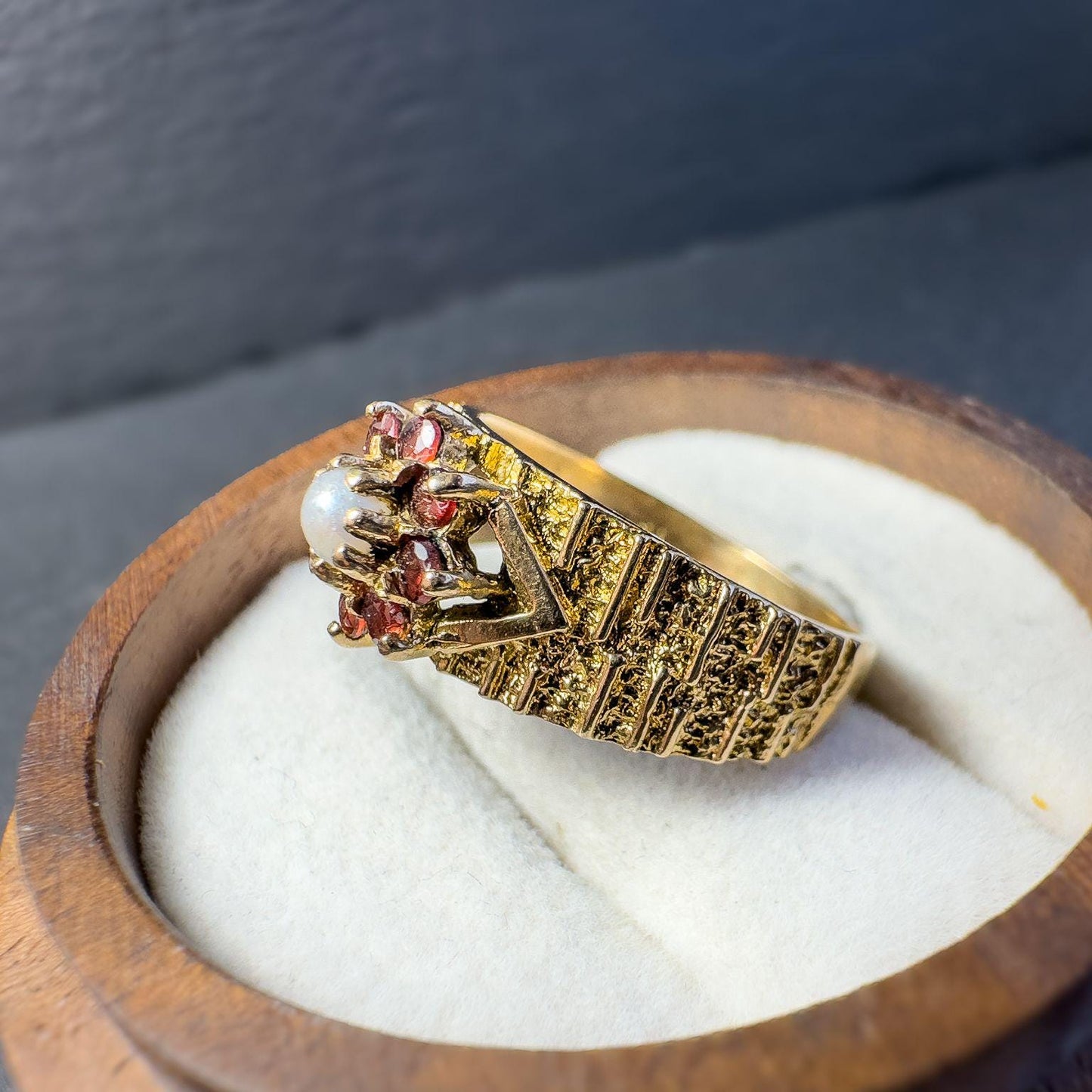Vintage 1950s 9ct Gold Garnet and Pearl Statement Ring | London Hallmarked | Statement Jewelry | Mid-Century Design | UK M | Resizable |