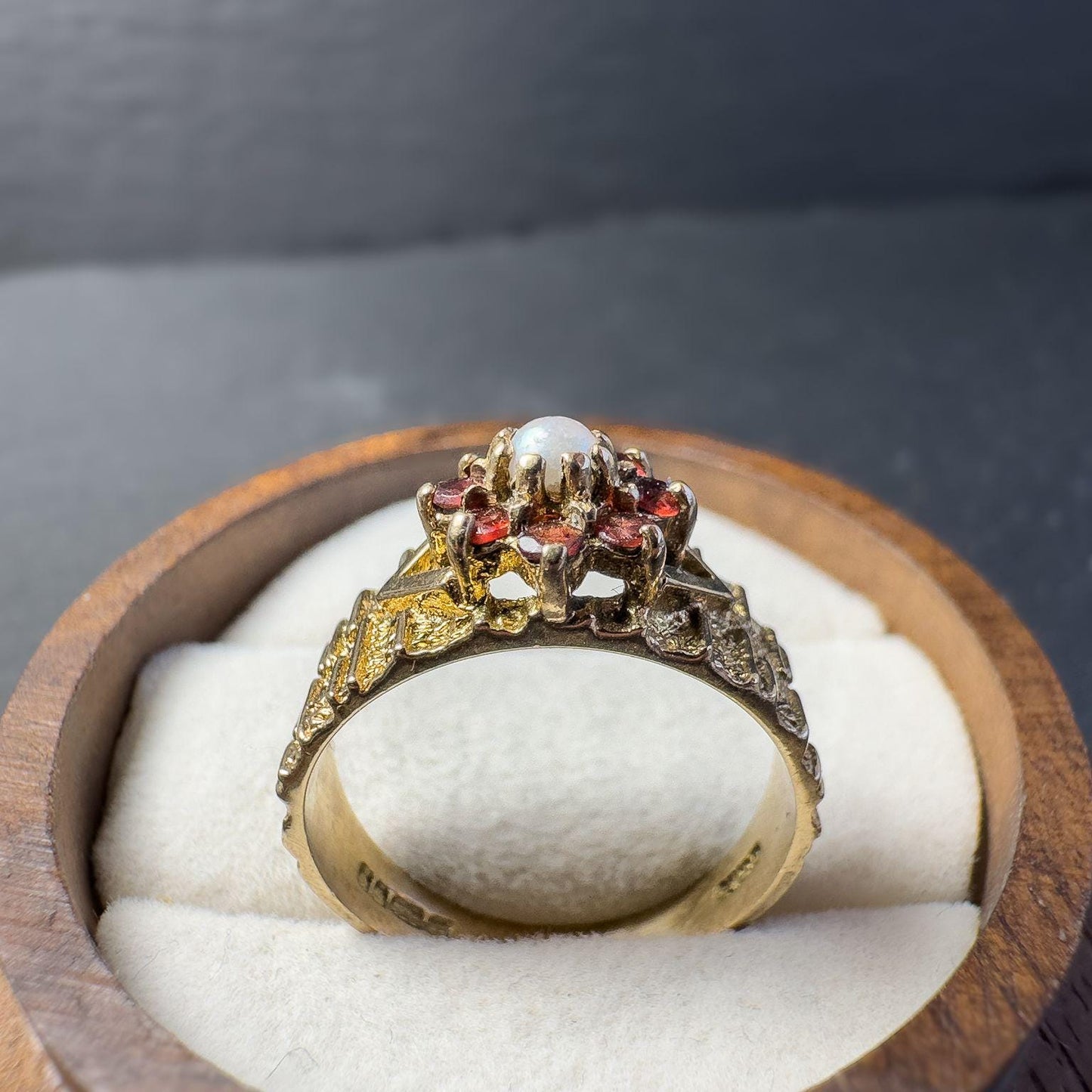 Vintage 1950s 9ct Gold Garnet and Pearl Statement Ring | London Hallmarked | Statement Jewelry | Mid-Century Design | UK M | Resizable |