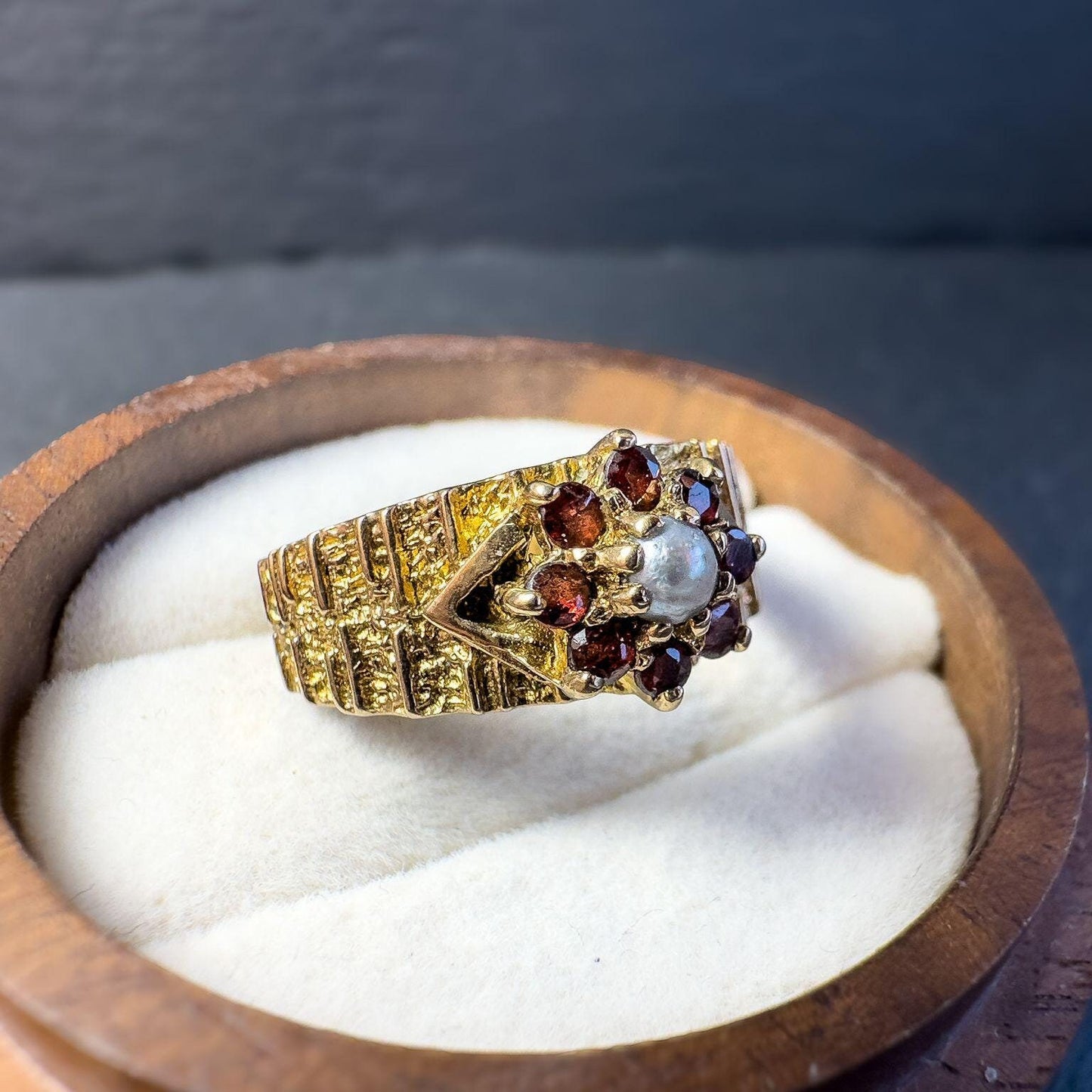 Vintage 1950s 9ct Gold Garnet and Pearl Statement Ring | London Hallmarked | Statement Jewelry | Mid-Century Design | UK M | Resizable |