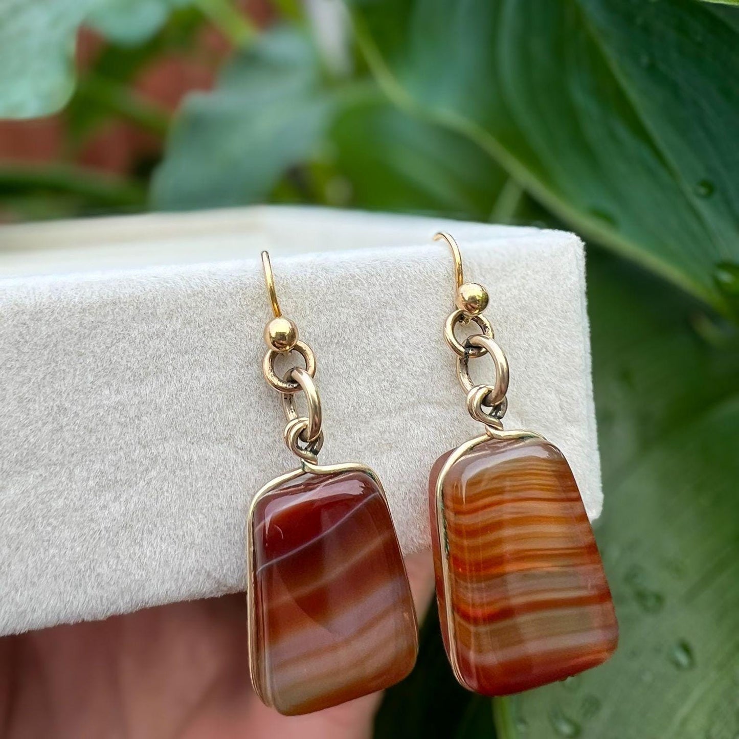 Vintage 9ct Gold Agate Drop Earrings Natural Banded Gemstone Jewelry