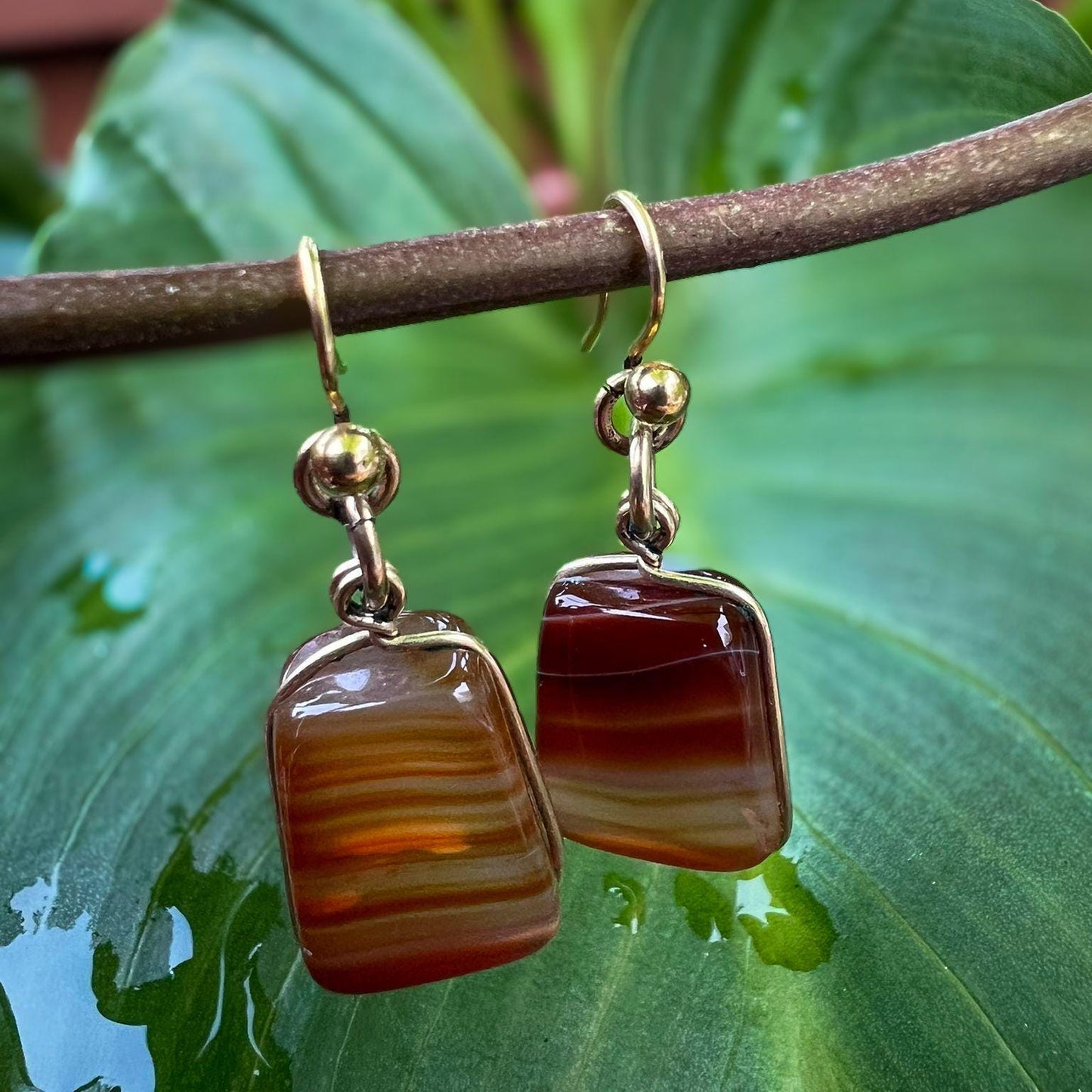 Vintage 9ct Gold Agate Drop Earrings Natural Banded Gemstone Jewelry
