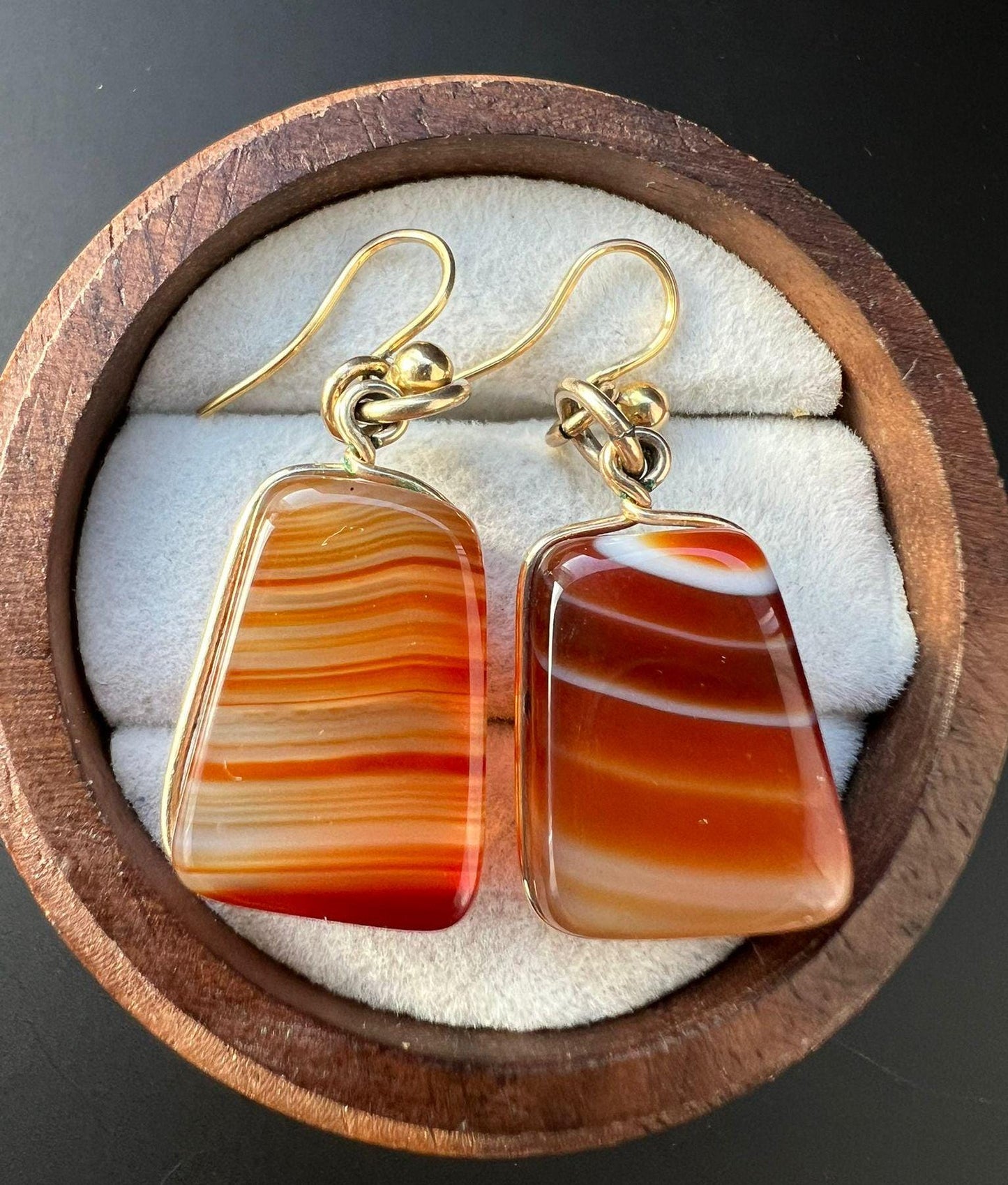 Vintage 9ct Gold Agate Drop Earrings Natural Banded Gemstone Jewelry