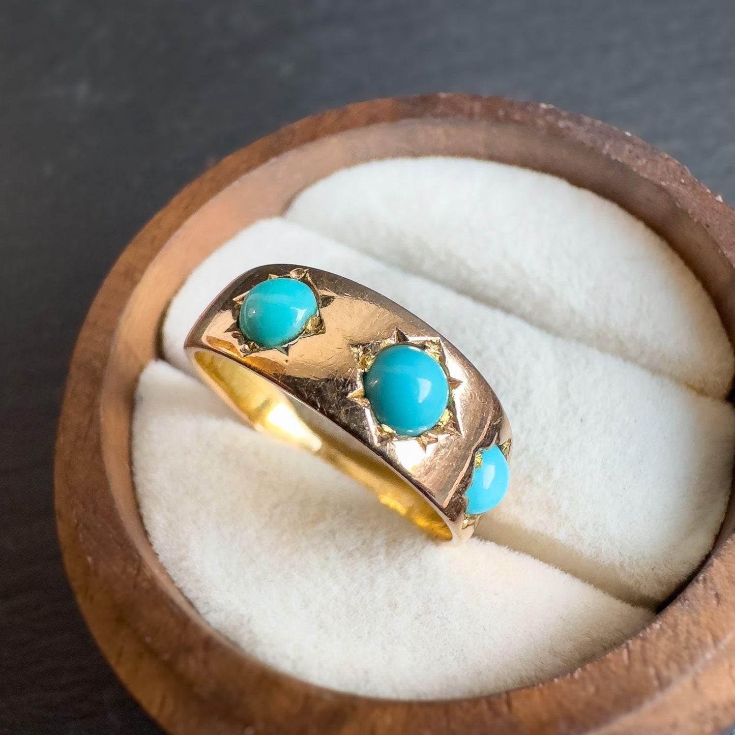 Vintage 14ct Gold Turquoise Gypsy Ring | Unique Victorian Era Gemstone Jewelry | UK L 1/2 - US 6 | Resizable |