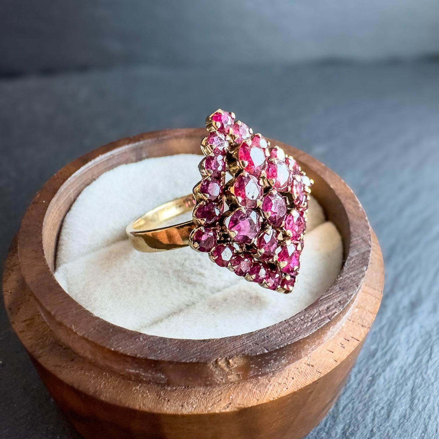 Vintage 18ct Gold Ruby Cluster Ring | Unique Marquise Design | Stately Vintage Jewelry |Statement Ring | UK M - US 6.25 | Resizable |