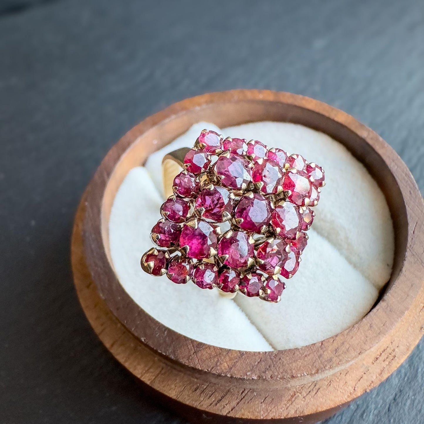 Vintage 18ct Gold Ruby Cluster Ring | Unique Marquise Design | Stately Vintage Jewelry |Statement Ring | UK M - US 6.25 | Resizable |