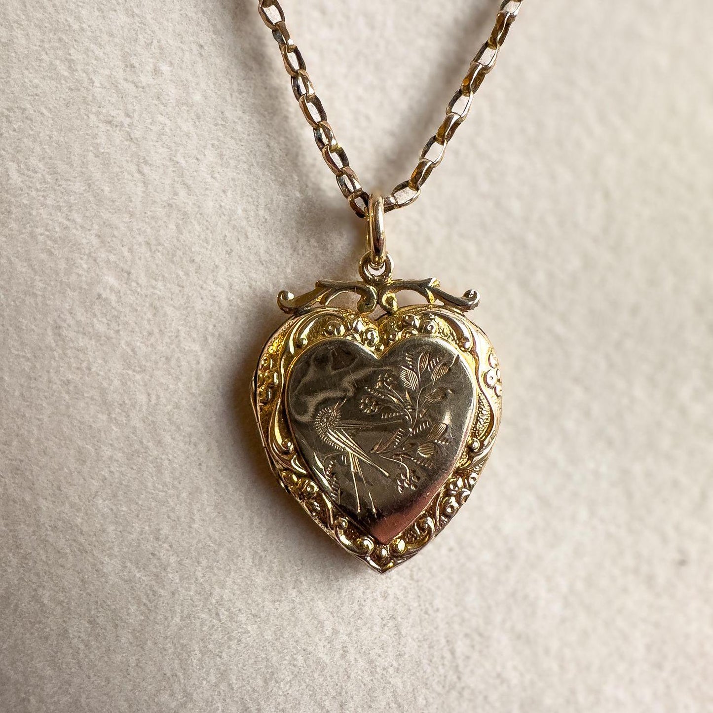 Antique 9ct Solid Gold | Victorian Engraved Heart Locket Pendant Necklace | Ornate Design | Solid Gold Belcher Chain | Vintage Jewelry