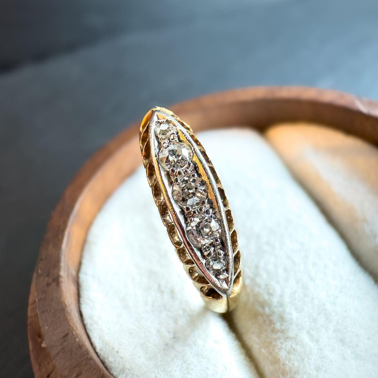 Antique 18ct Gold & Platinum Diamond Ring | Antique Marquise Design Jewelry | UK J 1/2 - US 5 | Resizable | Five Stones Diamond Ring |