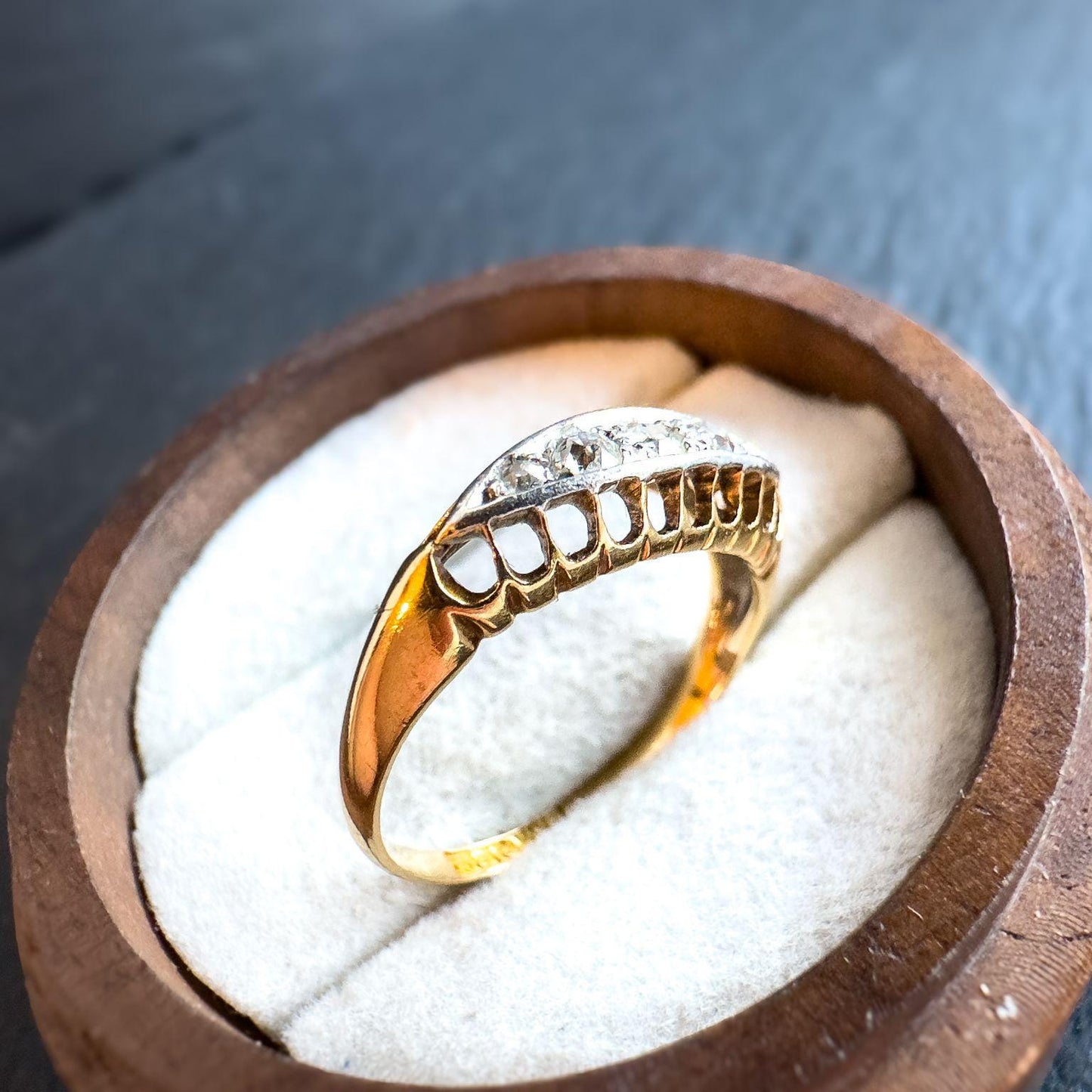 Antique 18ct Gold & Platinum Diamond Ring | Antique Marquise Design Jewelry | UK J 1/2 - US 5 | Resizable | Five Stones Diamond Ring |