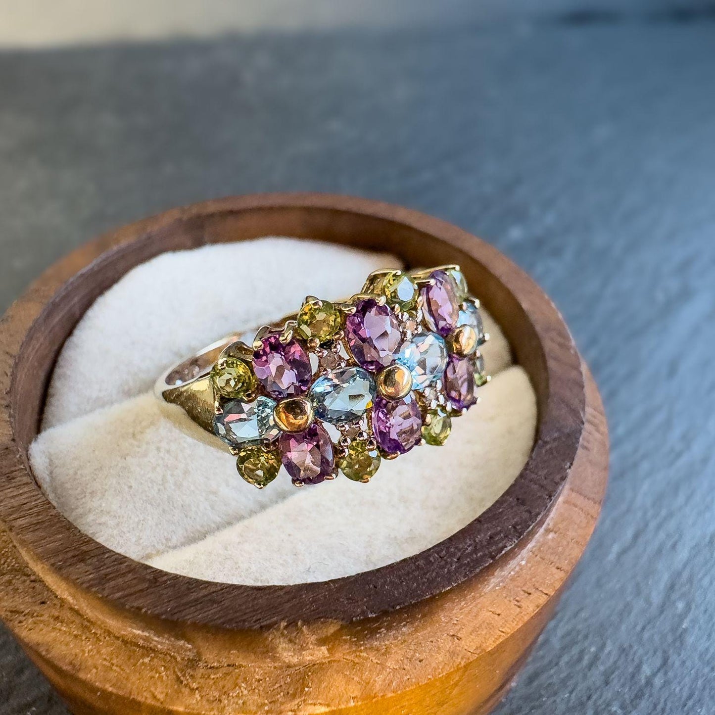 Vintage 9ct Gold Multi Stone Cluster Ring | Amethyst, Peridot, Topaz Gemstone Ring | UK T - US 9.5 | Resizable |