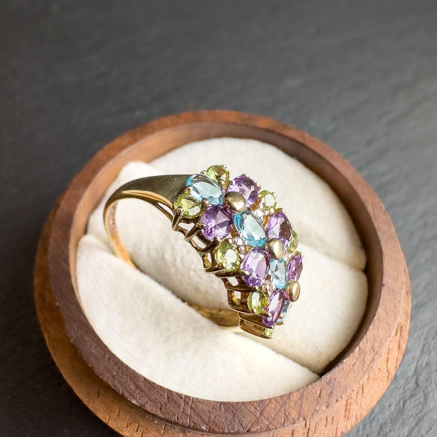 Vintage 9ct Gold Multi Stone Cluster Ring | Amethyst, Peridot, Topaz Gemstone Ring | UK T - US 9.5 | Resizable |