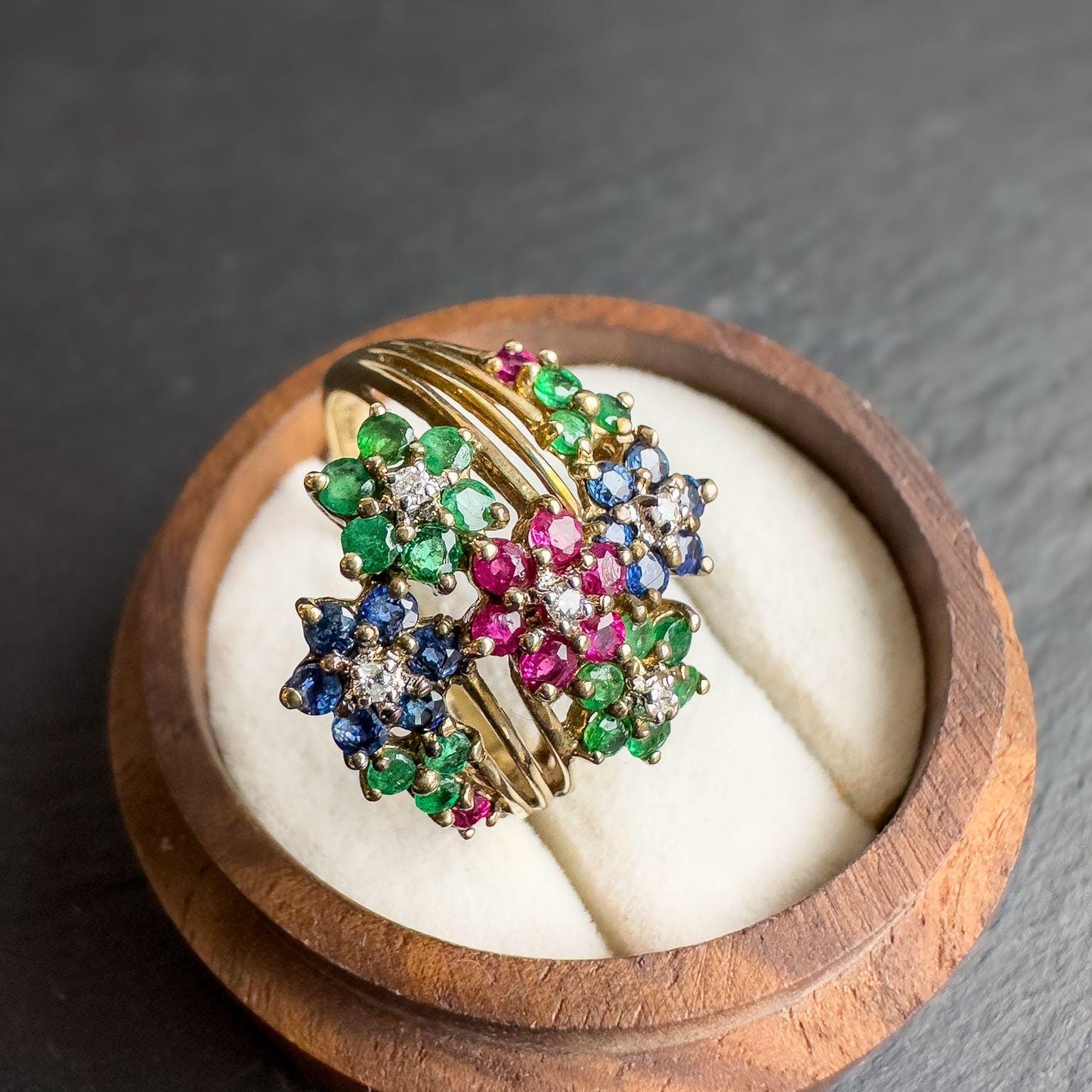 Stunning Vintage 9ct Gold Ruby, Emerald, Sapphire & Diamond Floral Cluster Ring | UK T - US 9.5 | Resizable | English Hallmarks