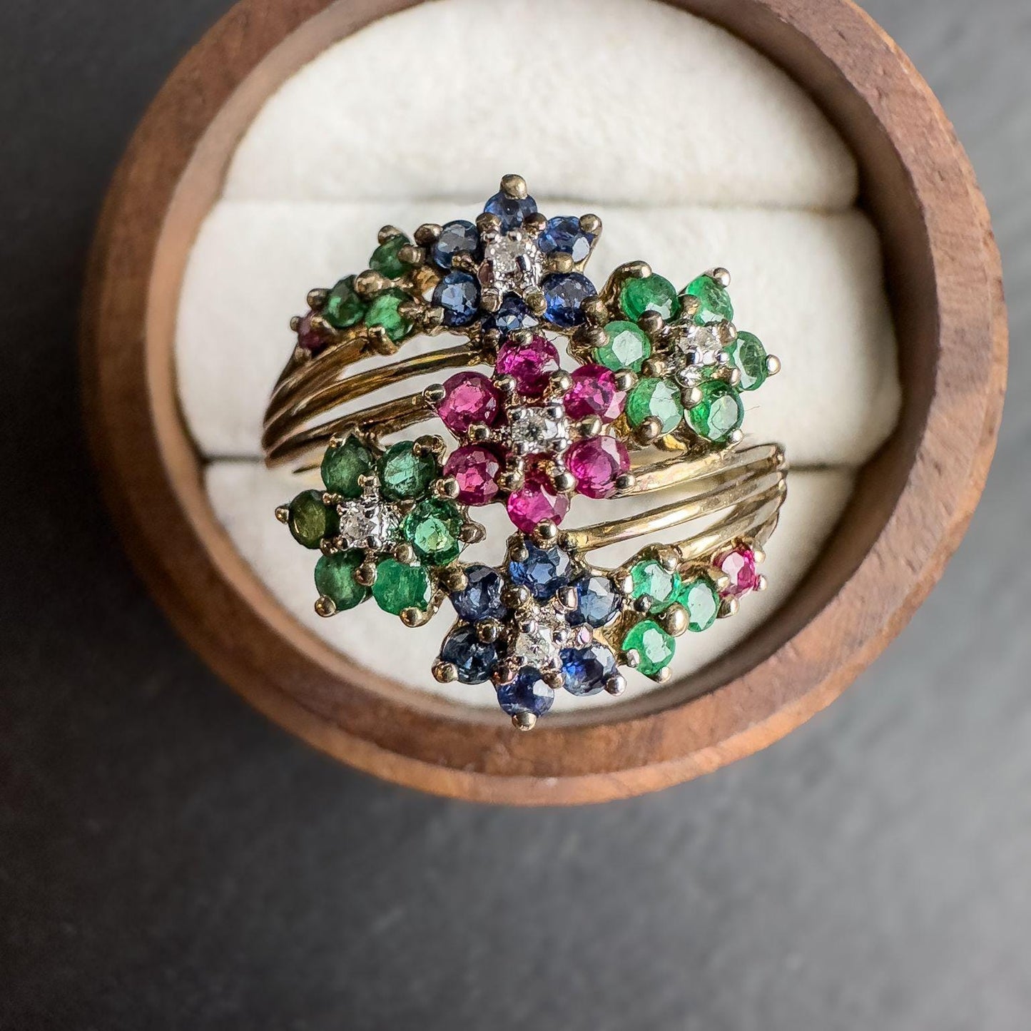 Stunning Vintage 9ct Gold Ruby, Emerald, Sapphire & Diamond Floral Cluster Ring | UK T - US 9.5 | Resizable | English Hallmarks