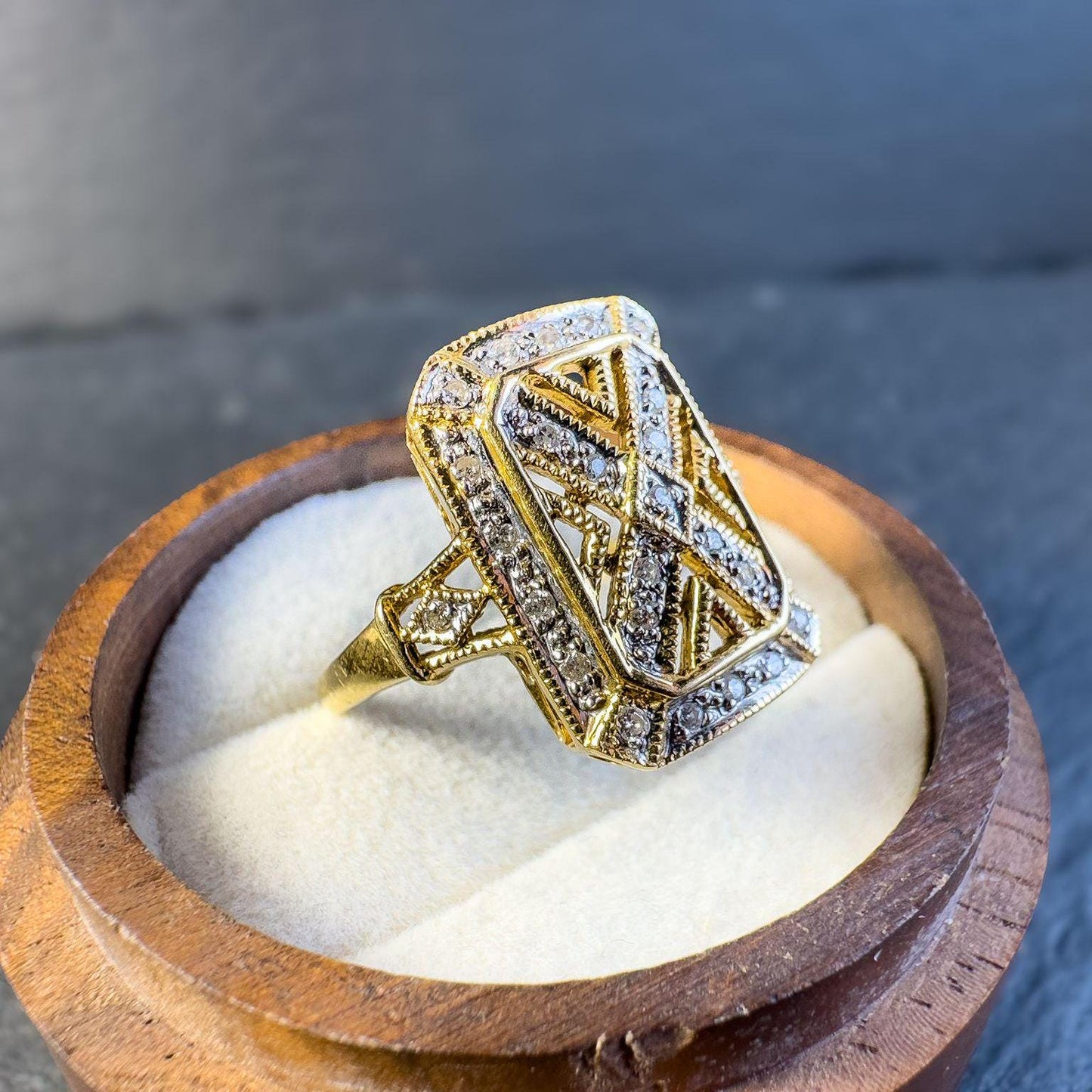 Luxurious 18ct Gold Diamond Panel Ring Bold Vintage Statement Ring | Intricate Geometric Design | Hallmarked | UK Q - US 8 | Resizable