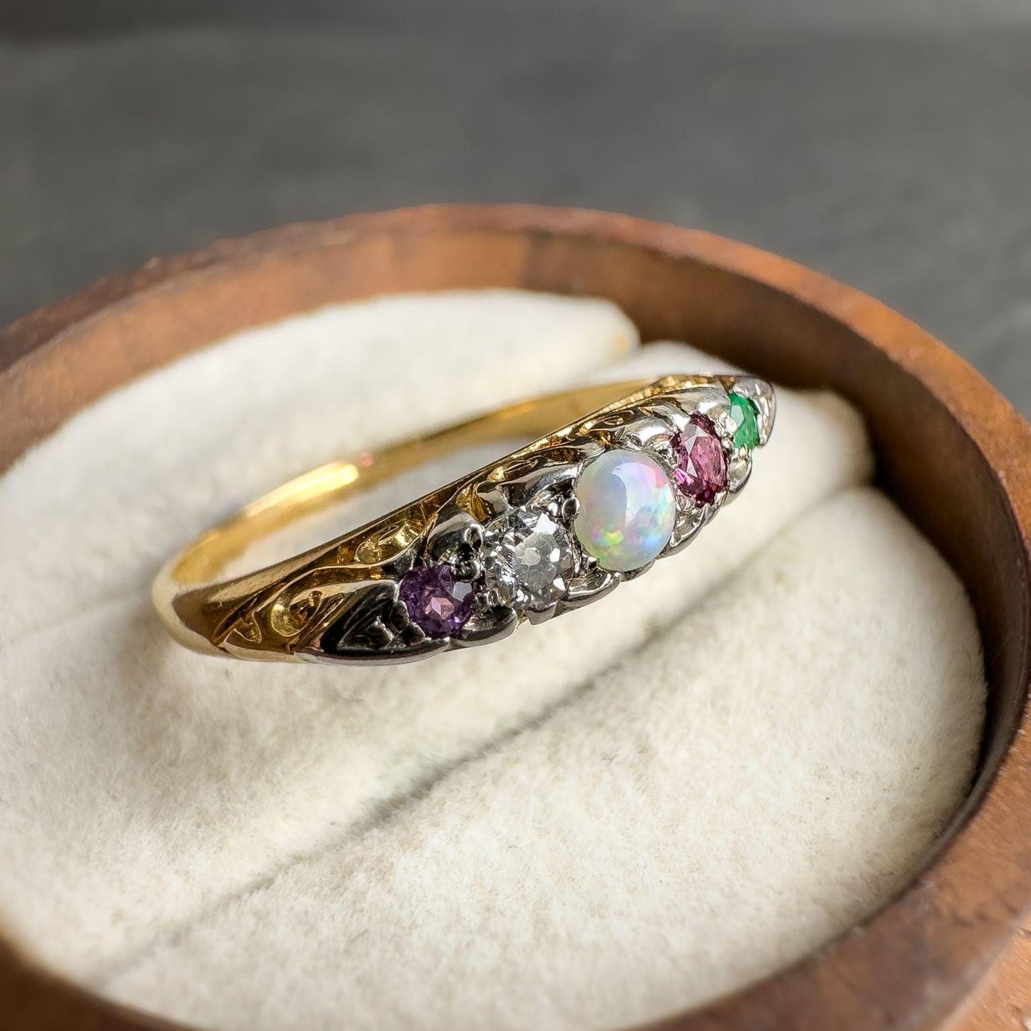 Antique Victorian 18ct Gold ADORE Ring | Opal, Diamond, Ruby, Emerald & Amethyst Gemstone Band | Unique Anniversary Gift | UK P - US 7.5