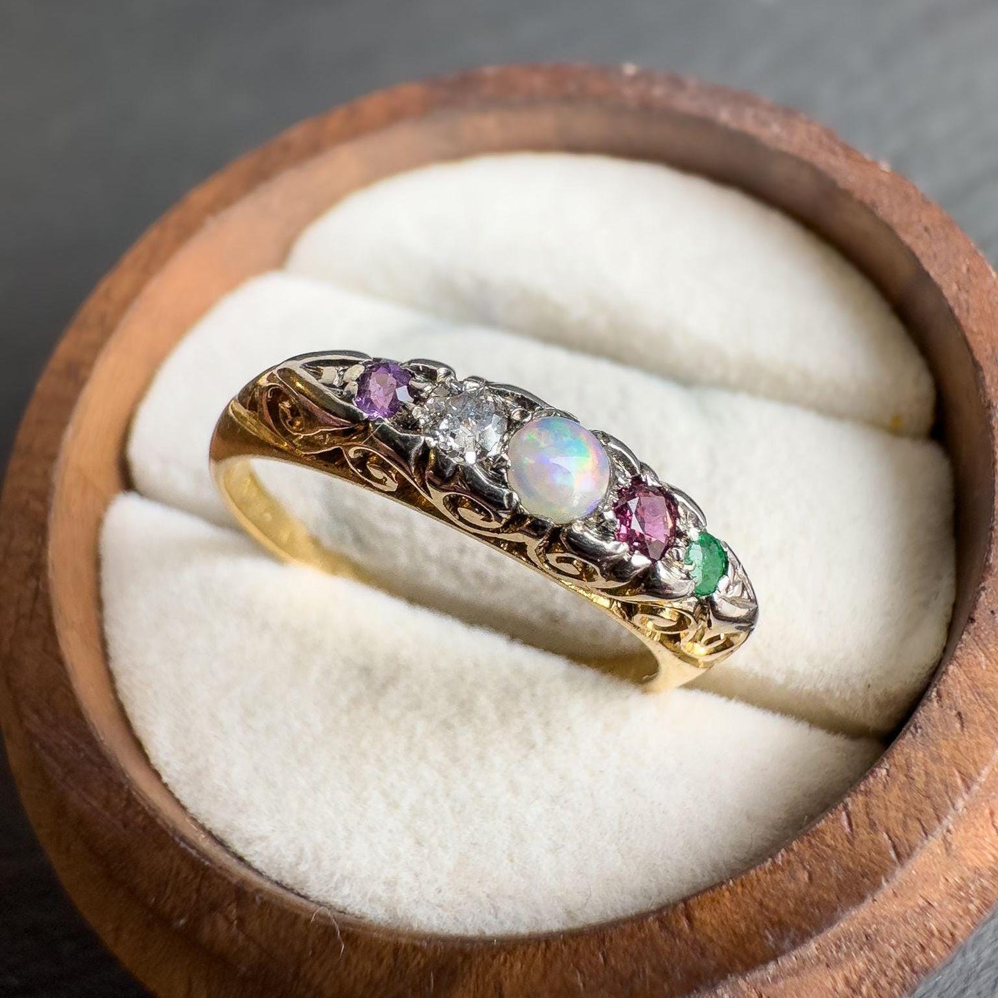 Antique Victorian 18ct Gold ADORE Ring | Opal, Diamond, Ruby, Emerald & Amethyst Gemstone Band | Unique Anniversary Gift | UK P - US 7.5