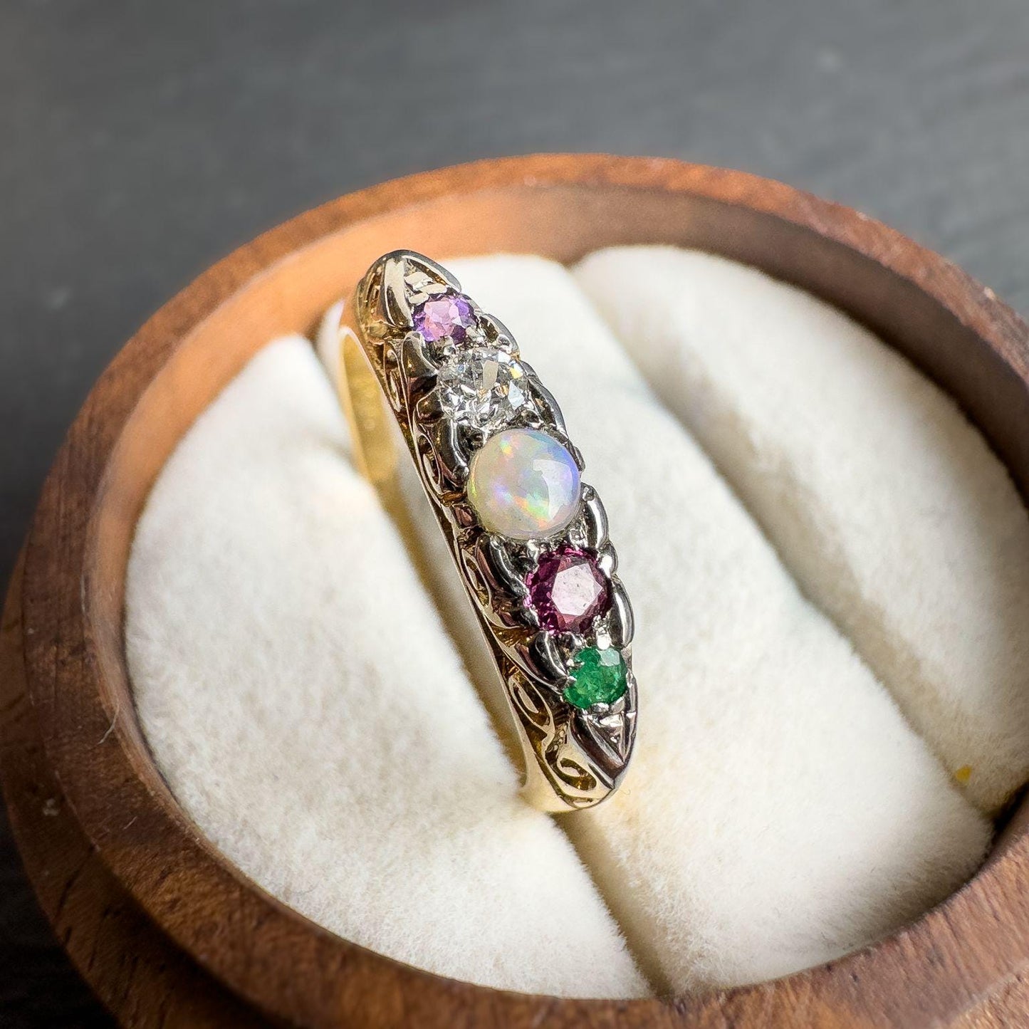 Antique Victorian 18ct Gold ADORE Ring | Opal, Diamond, Ruby, Emerald & Amethyst Gemstone Band | Unique Anniversary Gift | UK P - US 7.5