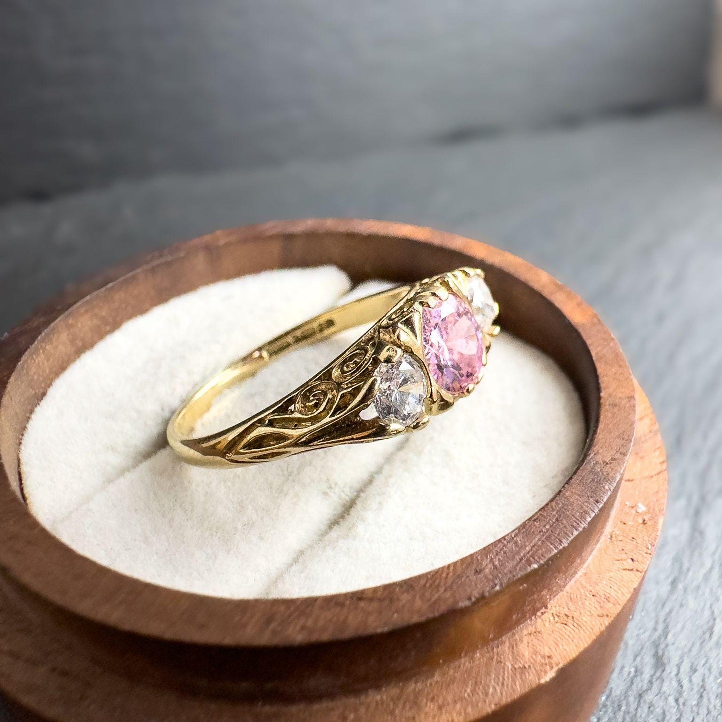 Vintage 9ct Gold Pink & White Zirconia Trilogy Ring | Elegant Vintage Jewelry | UK P | Resizable | English Hallmarked |
