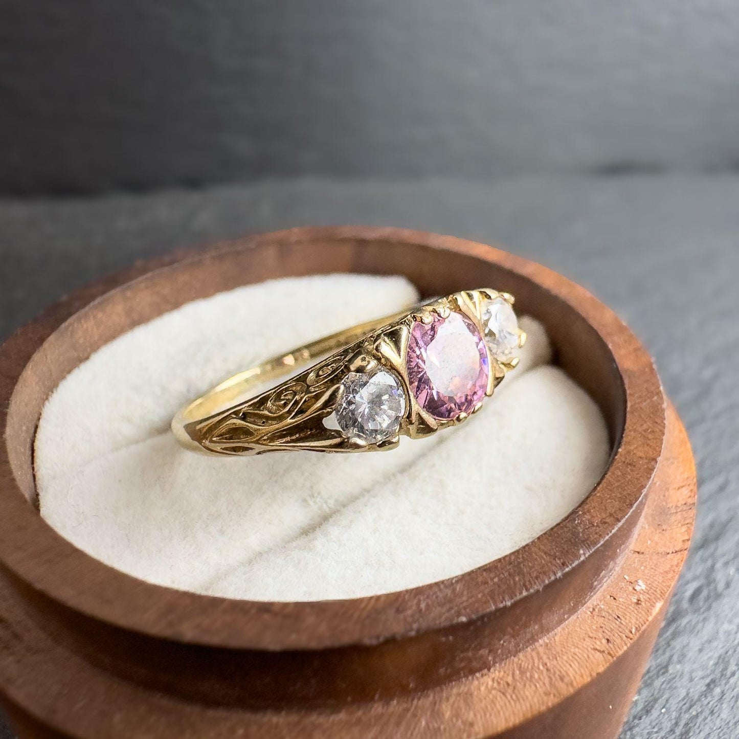 Vintage 9ct Gold Pink & White Zirconia Trilogy Ring | Elegant Vintage Jewelry | UK P | Resizable | English Hallmarked |