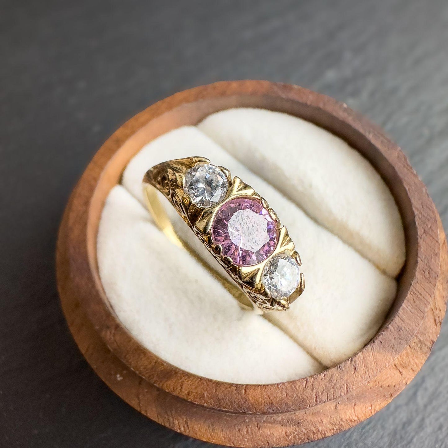 Vintage 9ct Gold Pink & White Zirconia Trilogy Ring | Elegant Vintage Jewelry | UK P | Resizable | English Hallmarked |