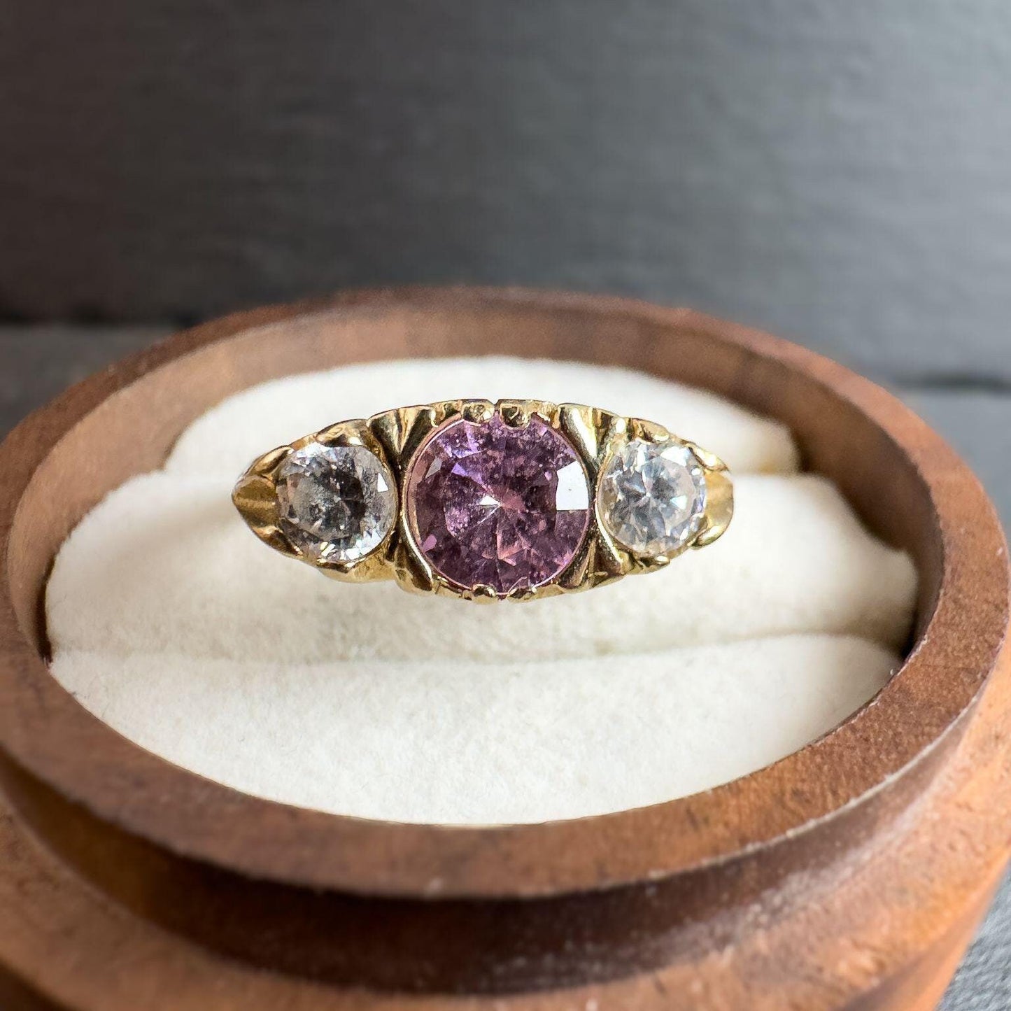 Vintage 9ct Gold Pink & White Zirconia Trilogy Ring | Elegant Vintage Jewelry | UK P | Resizable | English Hallmarked |