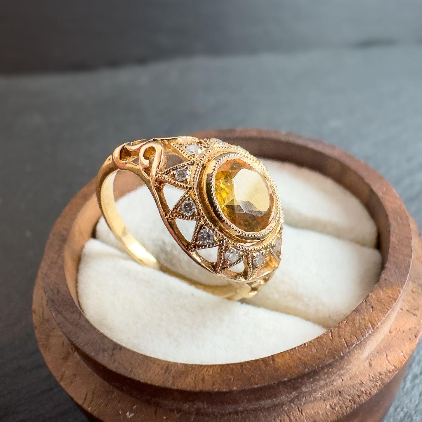 Exquisite 9ct Gold Citrine and Diamond Cocktail Ring Sun Burst Design Vintage Statement Ring | Hallmarked | UK P 1/2 -US 8 | Resizable