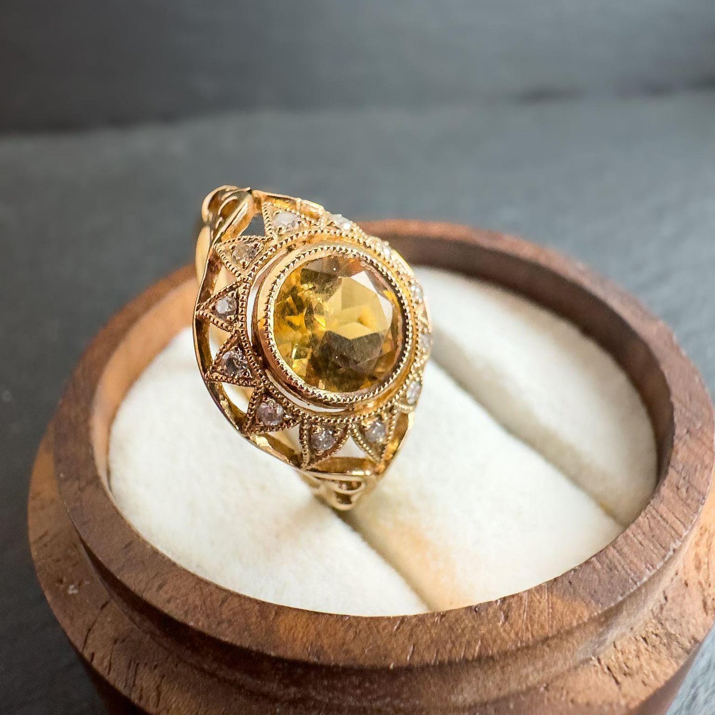 Exquisite 9ct Gold Citrine and Diamond Cocktail Ring Sun Burst Design Vintage Statement Ring | Hallmarked | UK P 1/2 -US 8 | Resizable
