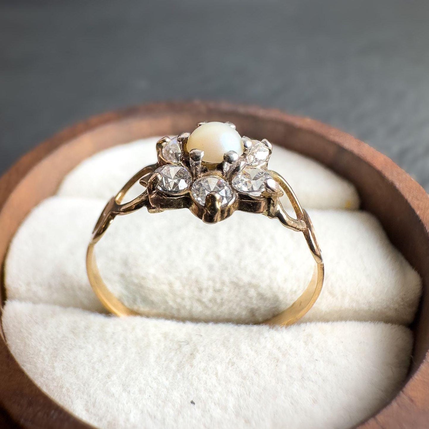 9ct Solid Gold Pearl & Cubic Zirconia Flower Ring | Vintage Gold Statement Ring | Dainty Pearl Engagement Ring | Unique Gift for Her