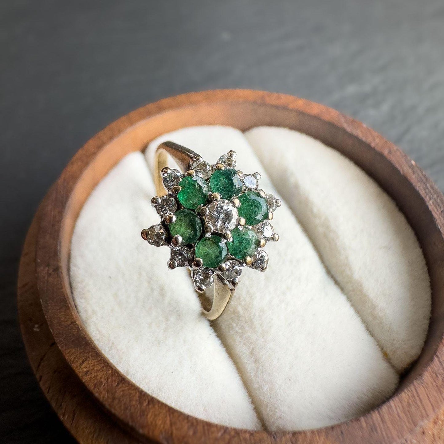 1980s Vintage 9ct Gold Emerald & Diamond Ring | Retro Cluster Flower Ring | Solid Gold Jewelry | May Birthstone Gift | English Hallmarked