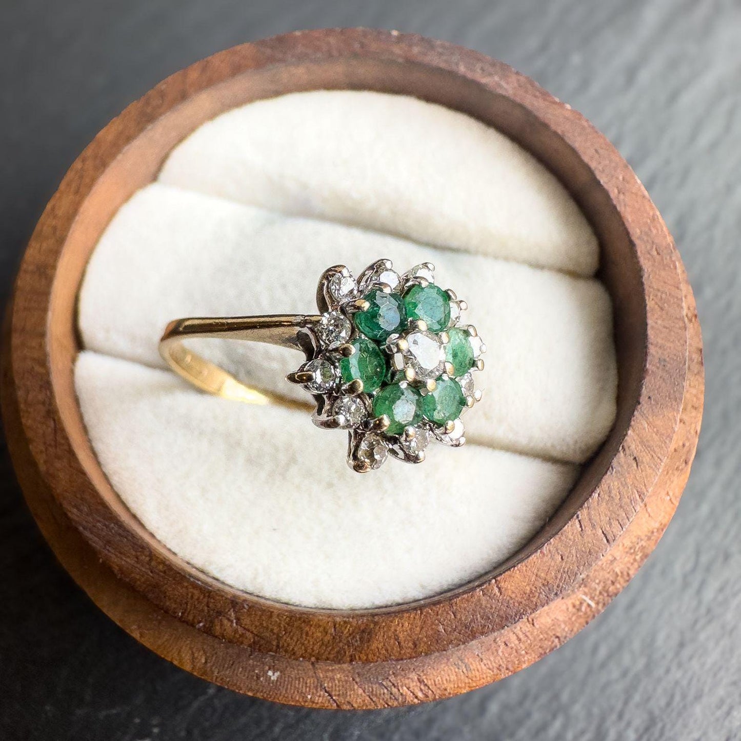 1980s Vintage 9ct Gold Emerald & Diamond Ring | Retro Cluster Flower Ring | Solid Gold Jewelry | May Birthstone Gift | English Hallmarked