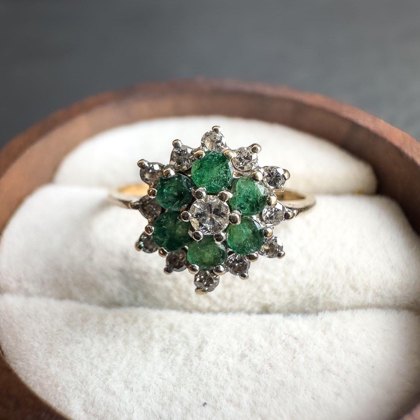 1980s Vintage 9ct Gold Emerald & Diamond Ring | Retro Cluster Flower Ring | Solid Gold Jewelry | May Birthstone Gift | English Hallmarked