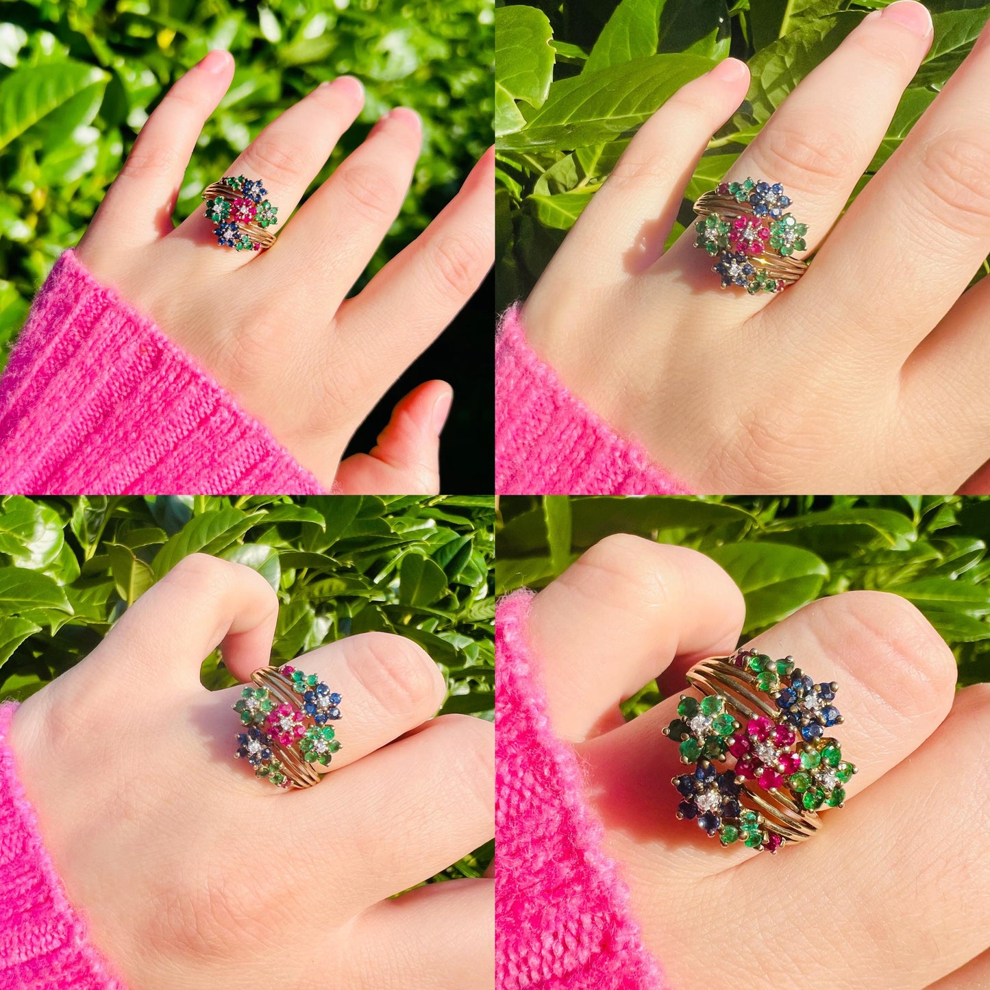 Stunning Vintage 9ct Gold Ruby, Emerald, Sapphire & Diamond Floral Cluster Ring | UK T - US 9.5 | Resizable | English Hallmarks