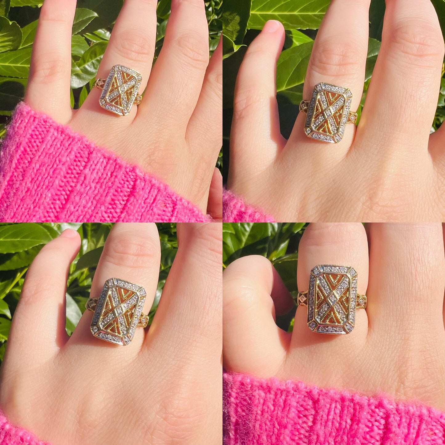 Luxurious 18ct Gold Diamond Panel Ring Bold Vintage Statement Ring | Intricate Geometric Design | Hallmarked | UK Q - US 8 | Resizable