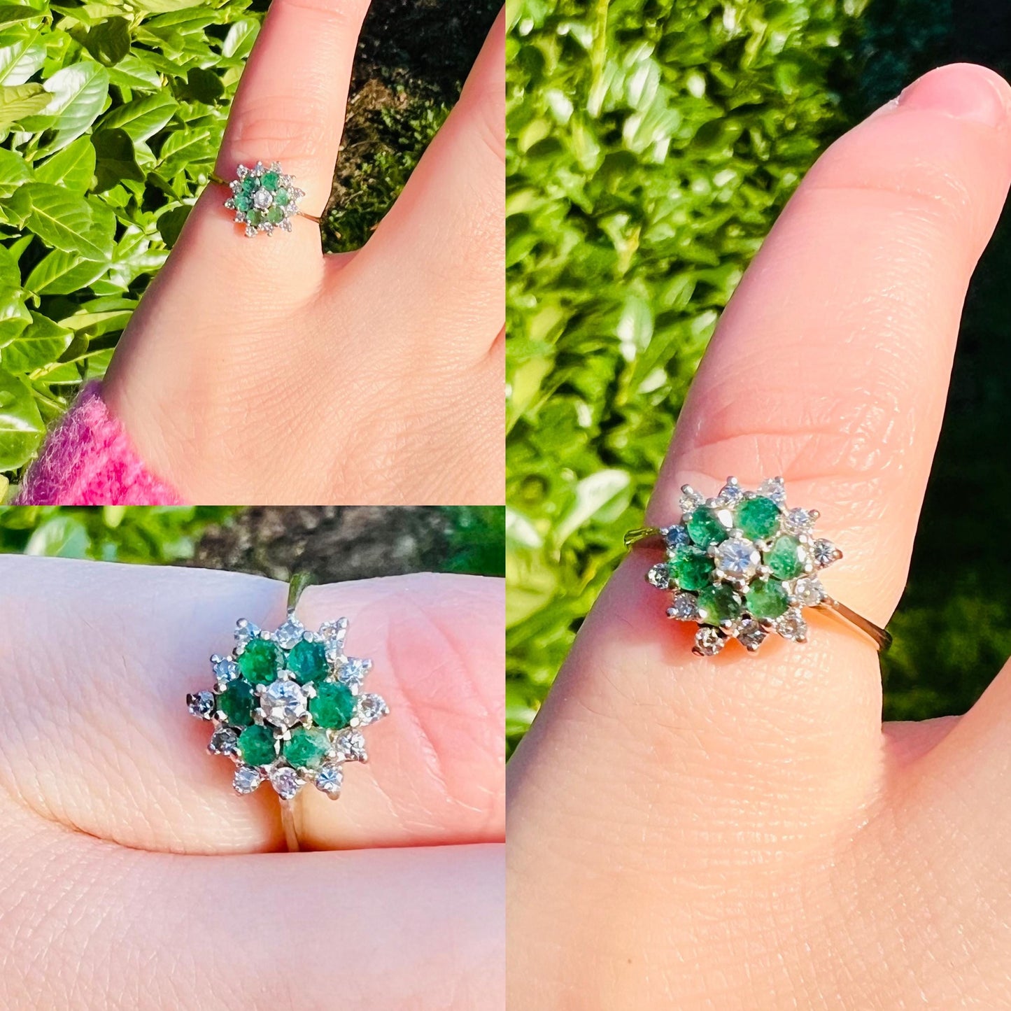 1980s Vintage 9ct Gold Emerald & Diamond Ring | Retro Cluster Flower Ring | Solid Gold Jewelry | May Birthstone Gift | English Hallmarked