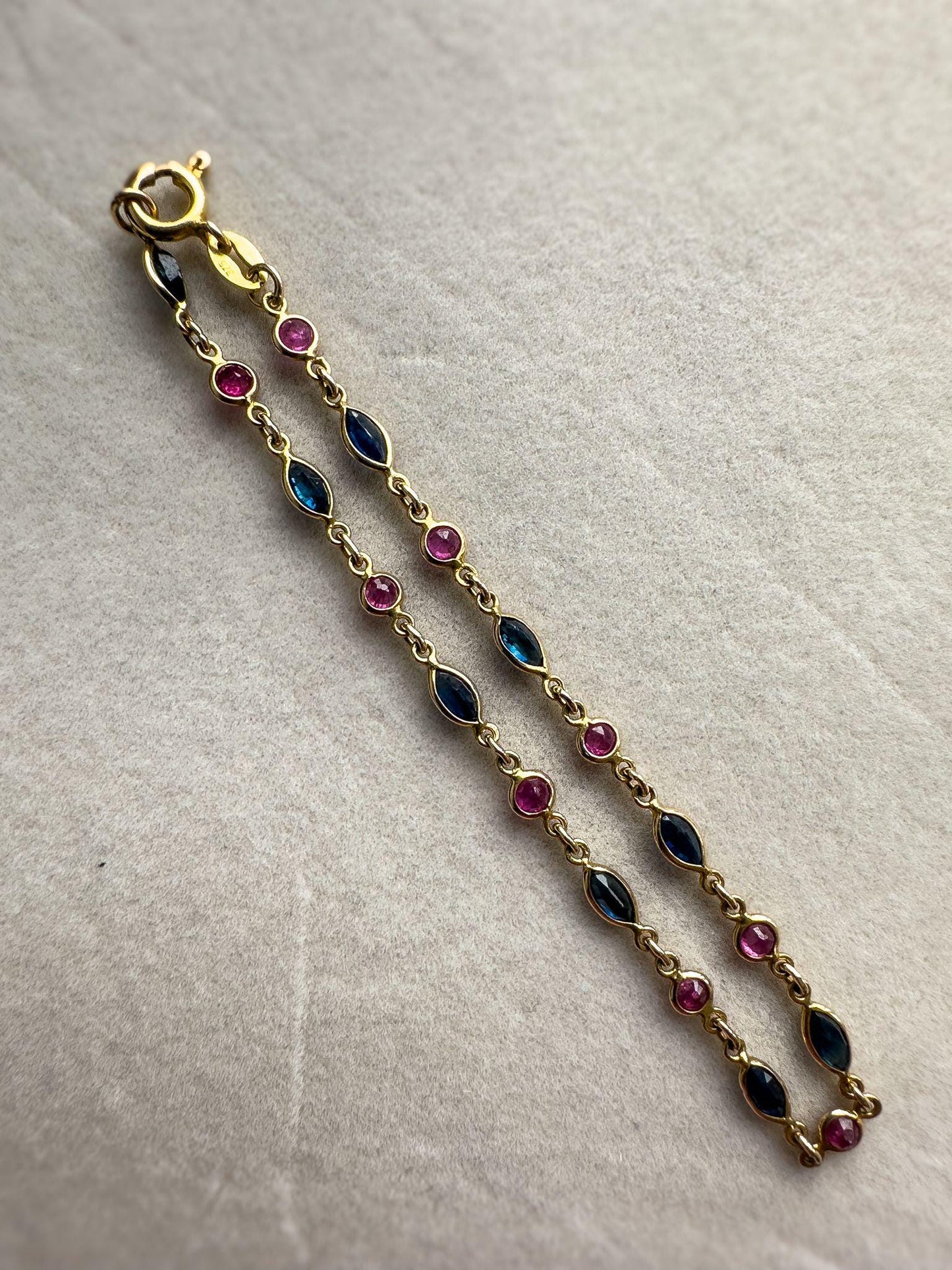 Vintage 9ct Solid Gold Sapphire & Ruby Bracelet |Elegant Gold Link Bracelet |Retro Fine Jewelry |9K Gold Chain Bracelet | English Hallmarked
