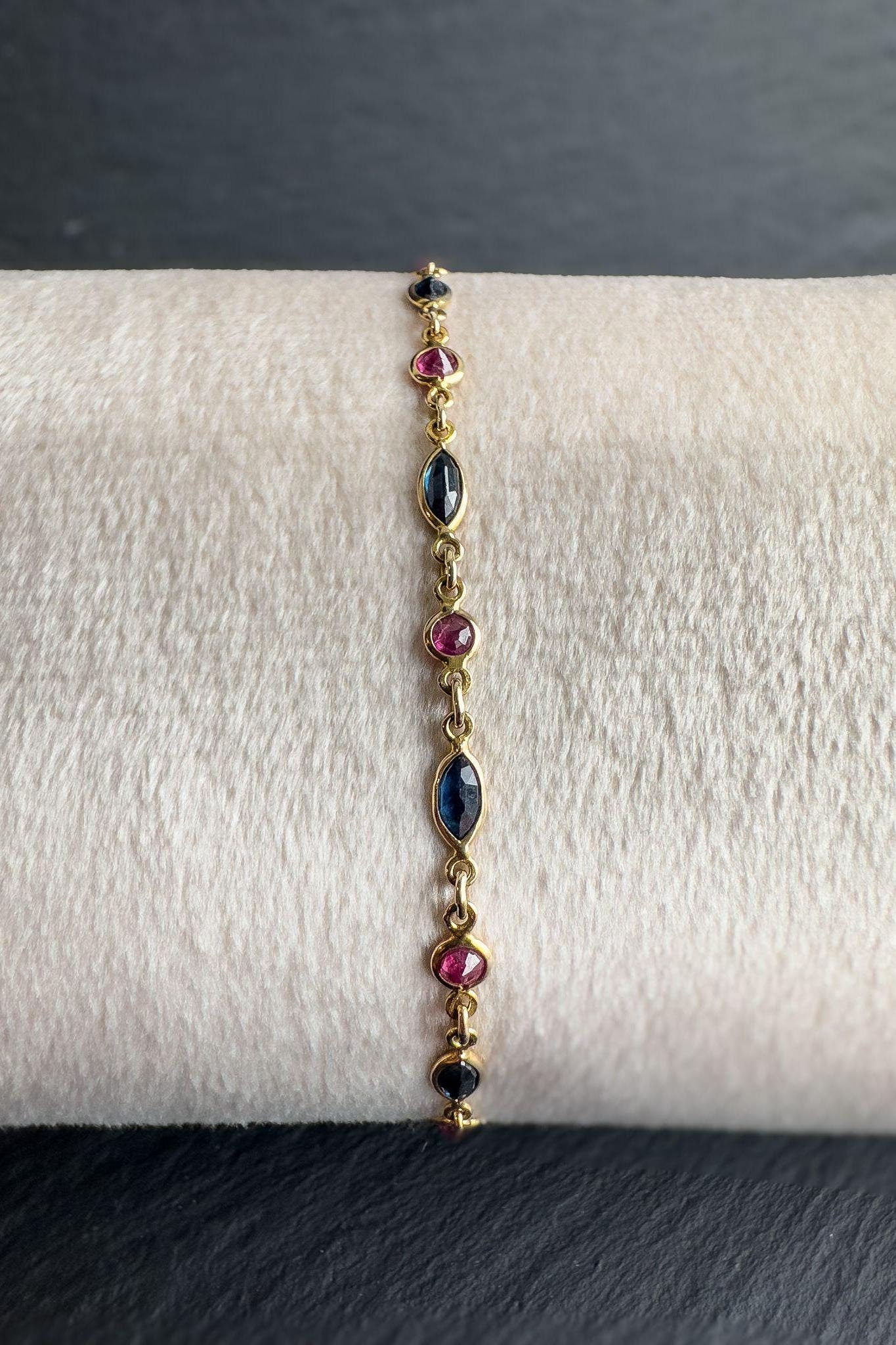 Vintage 9ct Solid Gold Sapphire & Ruby Bracelet |Elegant Gold Link Bracelet |Retro Fine Jewelry |9K Gold Chain Bracelet | English Hallmarked