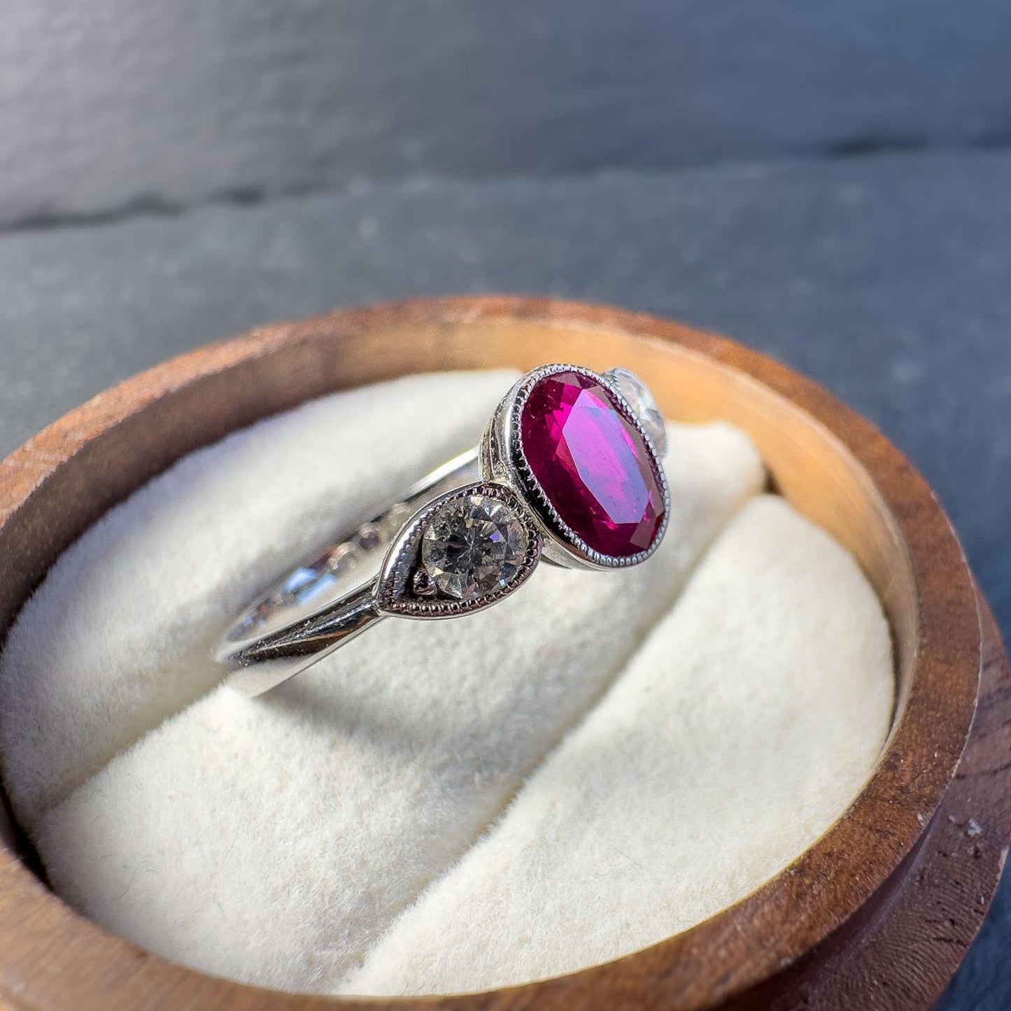 Stunning 18ct Solid White Gold Ruby and Diamond Ring | Art Deco-Inspired Jewelry | Unique Engagement Ring | UK N - US 7 |
