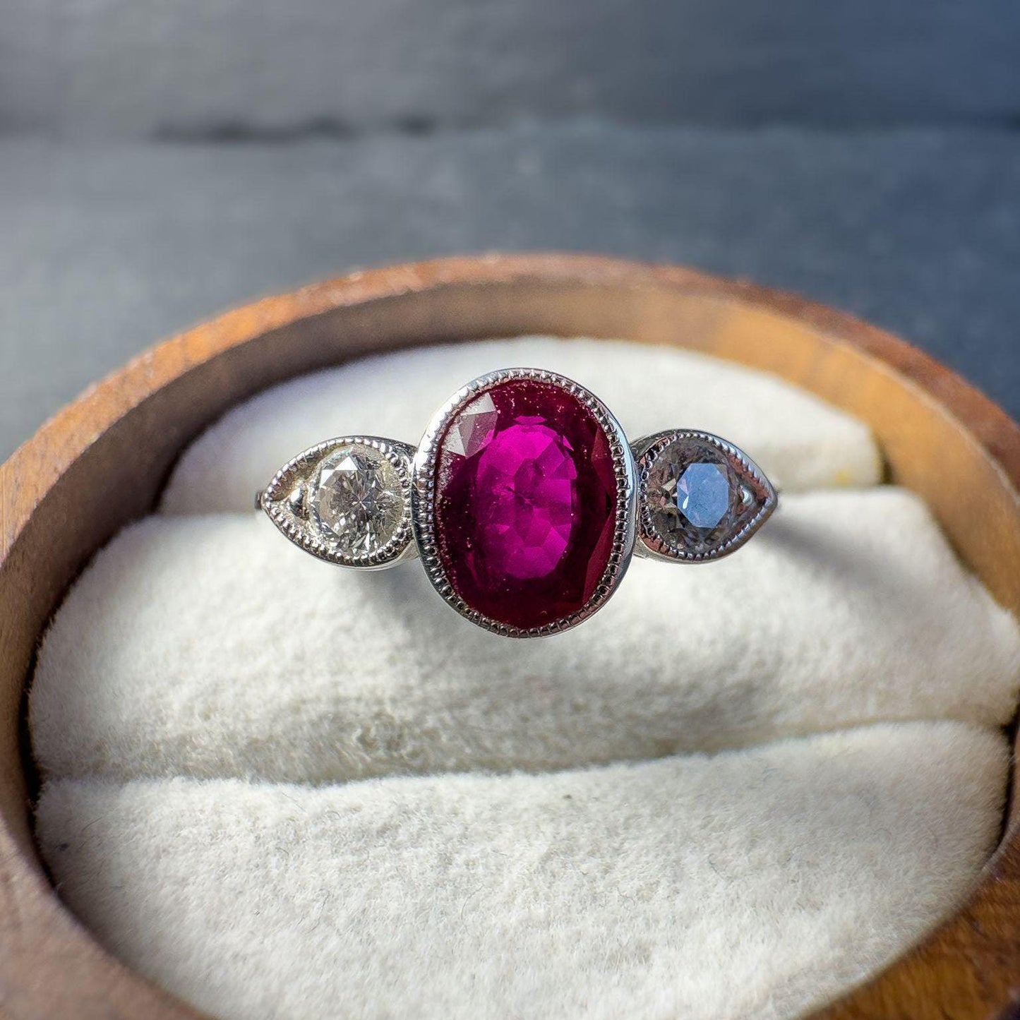Stunning 18ct Solid White Gold Ruby and Diamond Ring | Art Deco-Inspired Jewelry | Unique Engagement Ring | UK N - US 7 |