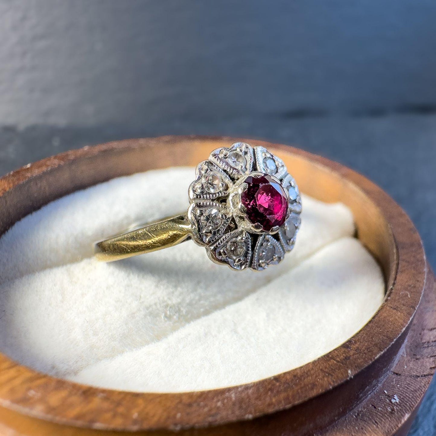 18ct Solid Gold Ruby and Diamond Cluster Ring | Vintage Floral Design | Unique Art Deco-Inspired Jewelry | English Hallmarks | UK N - US 7 |
