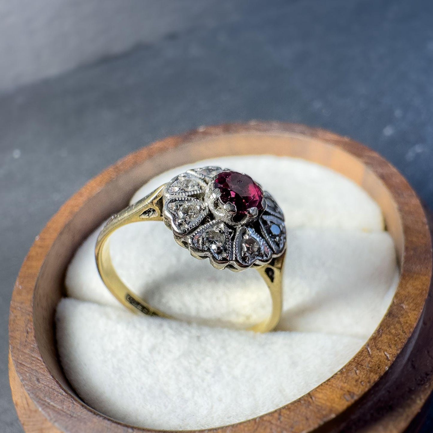 18ct Solid Gold Ruby and Diamond Cluster Ring | Vintage Floral Design | Unique Art Deco-Inspired Jewelry | English Hallmarks | UK N - US 7 |