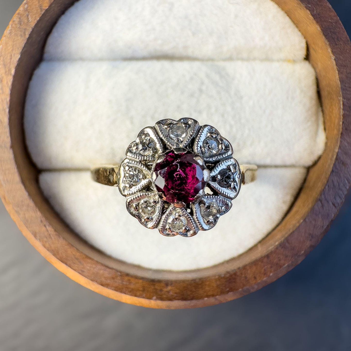 18ct Solid Gold Ruby and Diamond Cluster Ring | Vintage Floral Design | Unique Art Deco-Inspired Jewelry | English Hallmarks | UK N - US 7 |