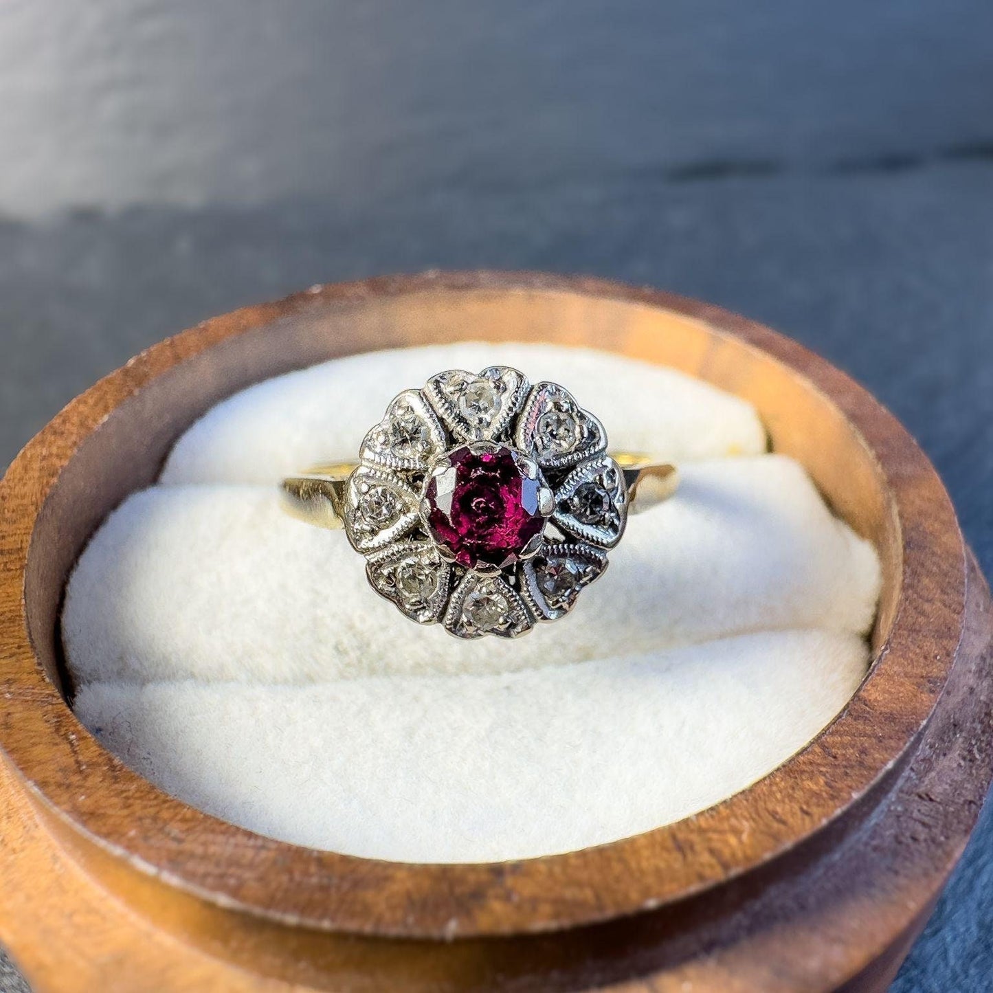 18ct Solid Gold Ruby and Diamond Cluster Ring | Vintage Floral Design | Unique Art Deco-Inspired Jewelry | English Hallmarks | UK N - US 7 |