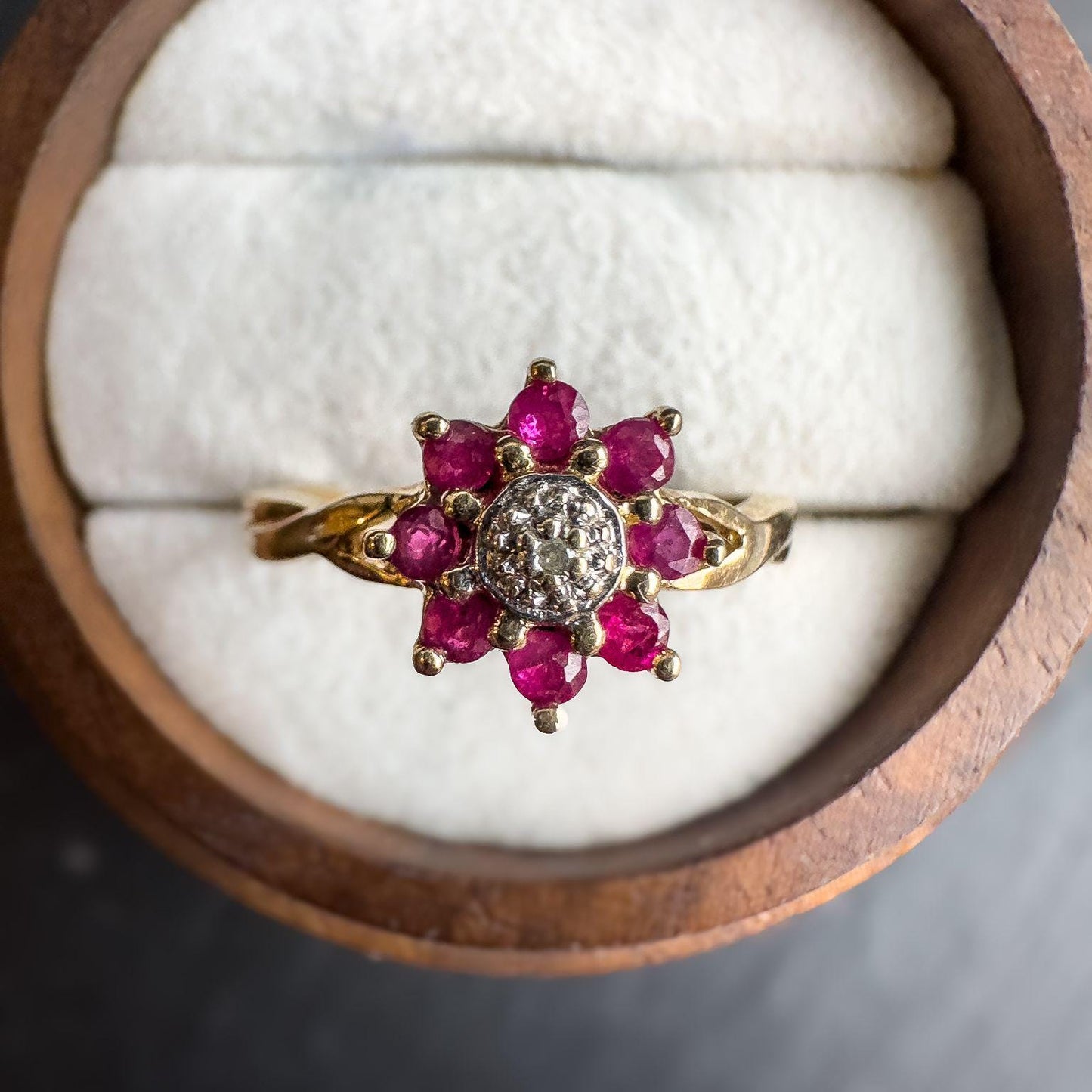 Vintage 9ct Solid Gold Ruby & Diamond Cluster Ring | Vintage Ruby and Diamond Flower Ring | 9ct Gold Jewelry | English Hallmarked | UK L |