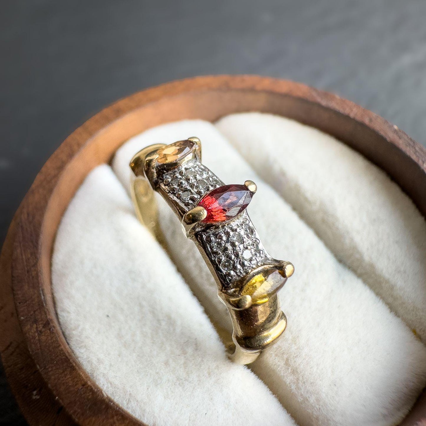 9ct Solid Gold Vintage Citrine and Ruby Ring | Art Deco Inspired Gemstone Band | English Hallmarked | UK N - US 6.75 | Resizable |